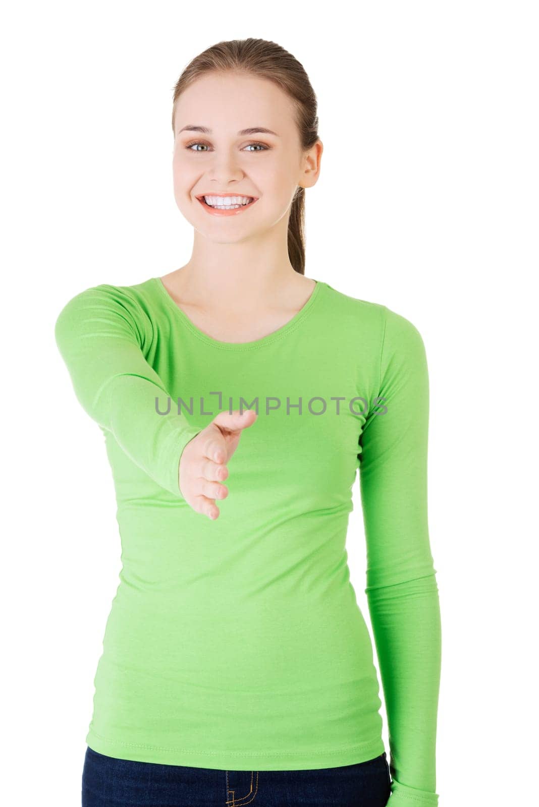 a beautiful young adult woman about to shake hands.
