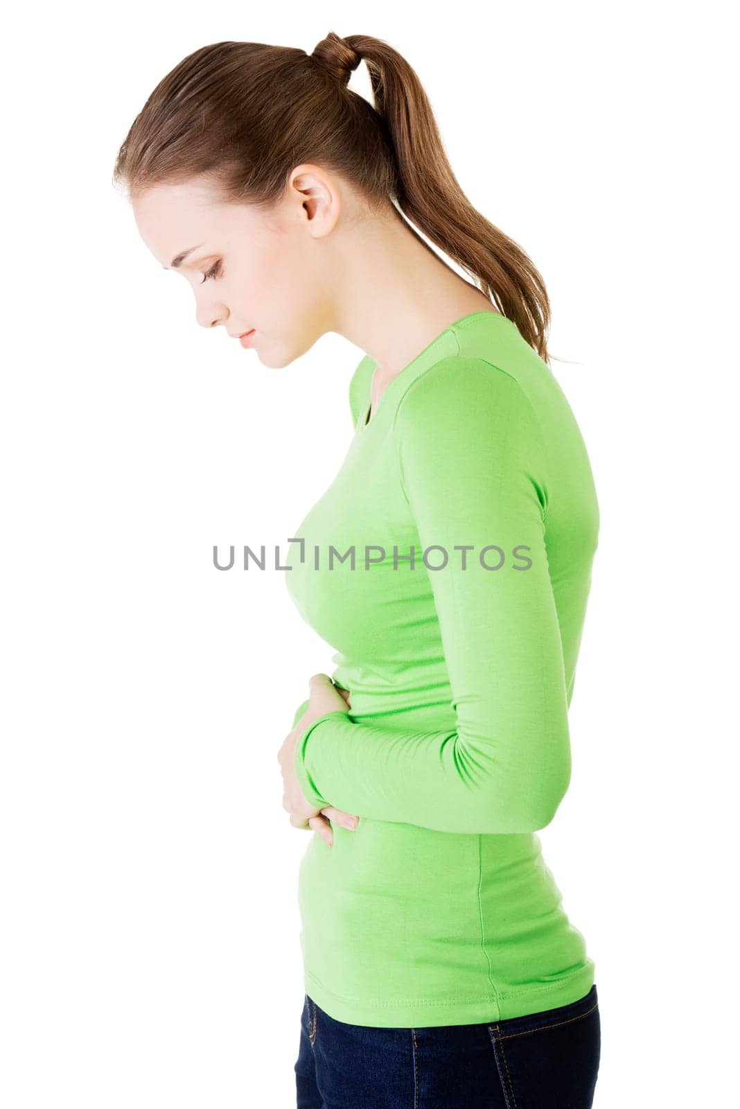 young woman with stomach issues,isolated on white