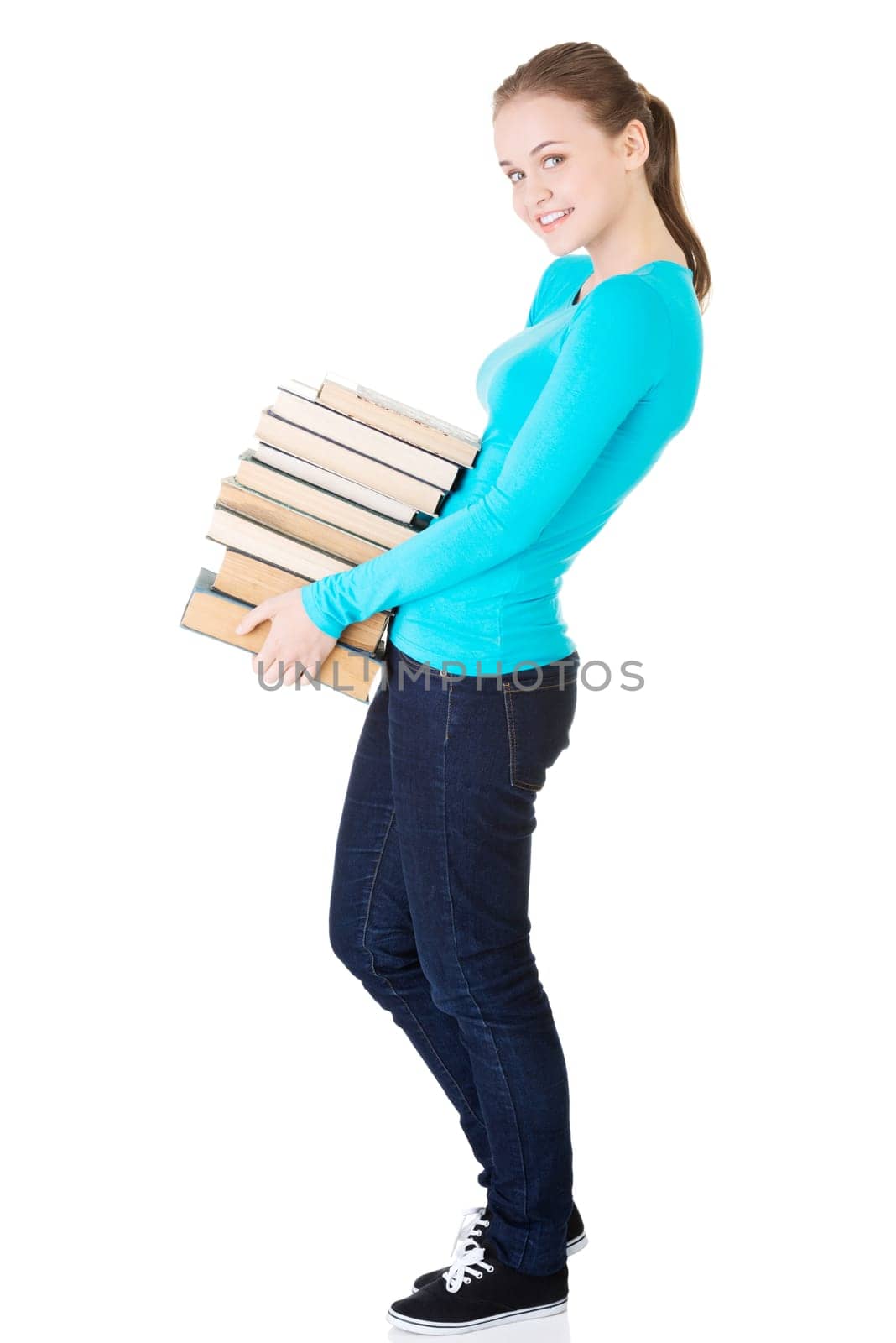 young caucasian woman (student) with books,isolated on white