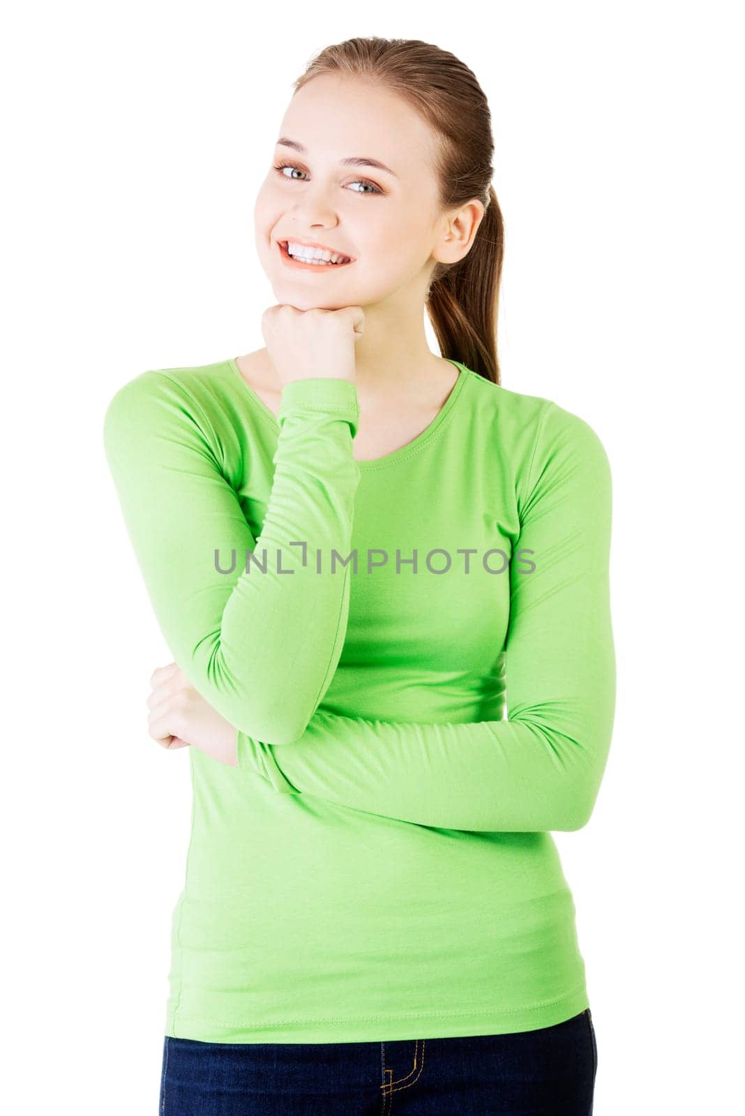 Portrait of a young caucasian teen girl. Isolated on white