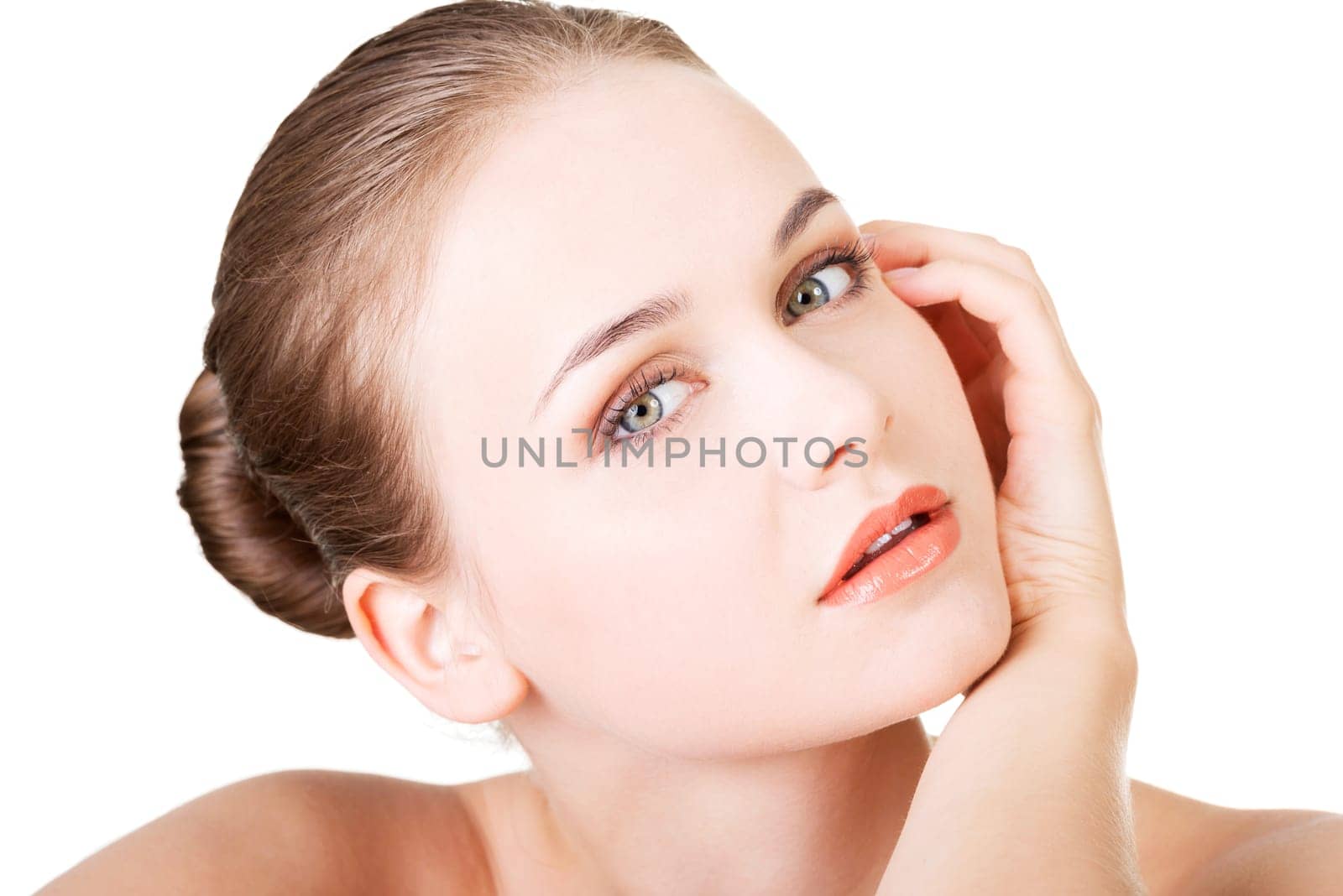 beautiful face of spa woman with healthy clean skin. isolated on white.