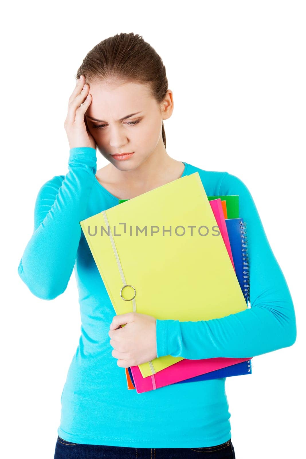 young beautiful student woman with depression or problem isolated on white