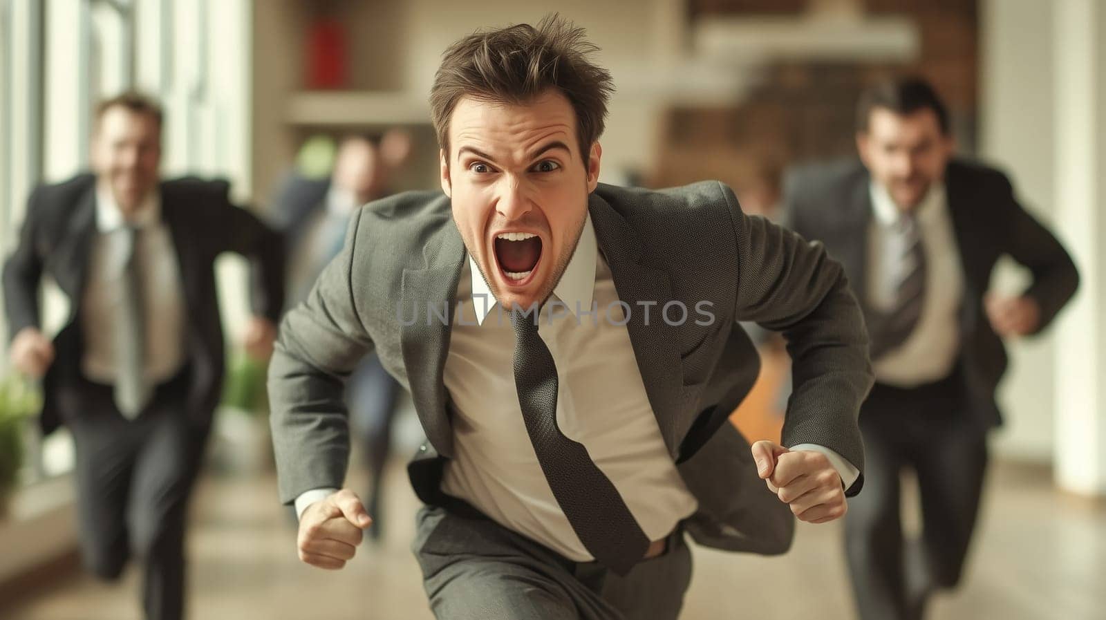 Happy funny running joyful businessman with colleagues having a race in the office, cheerful business people having fun together