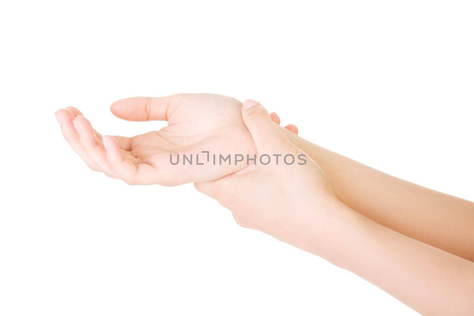 woman holding her hand - pain concept. isolated on white