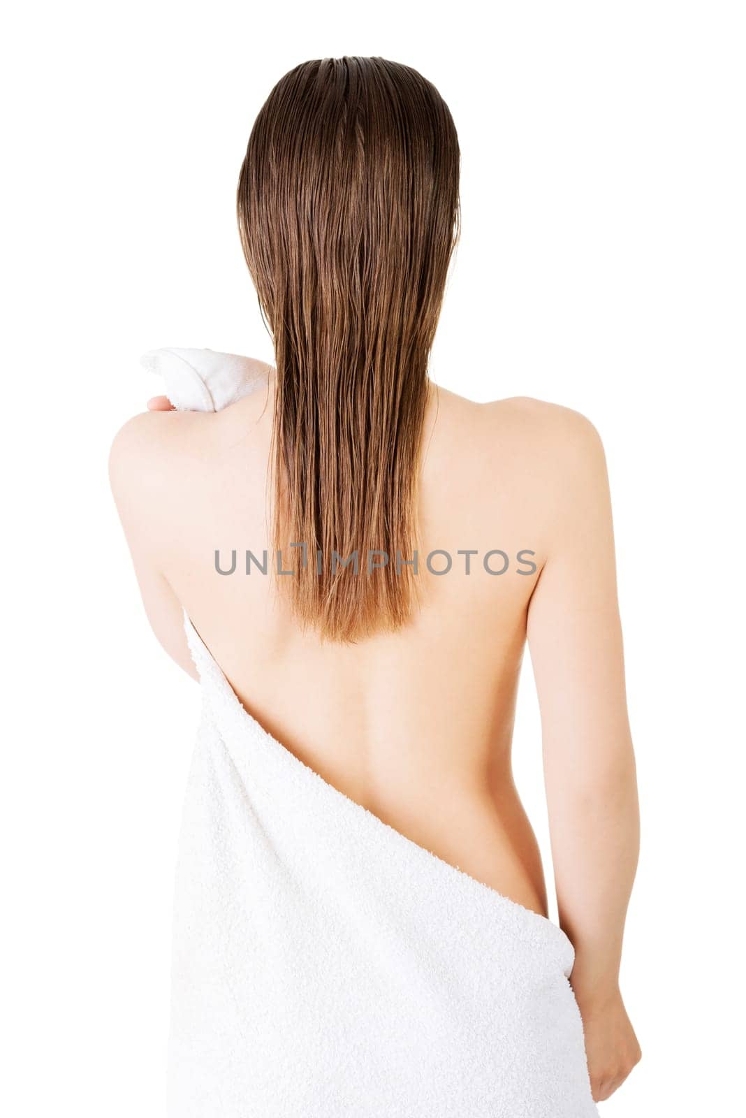 young beautiful nude woman with towel,isolated on white