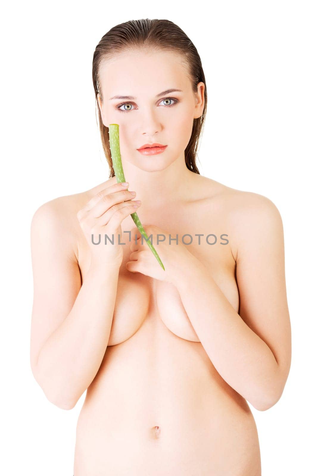woman with aloe vera,isolated on background