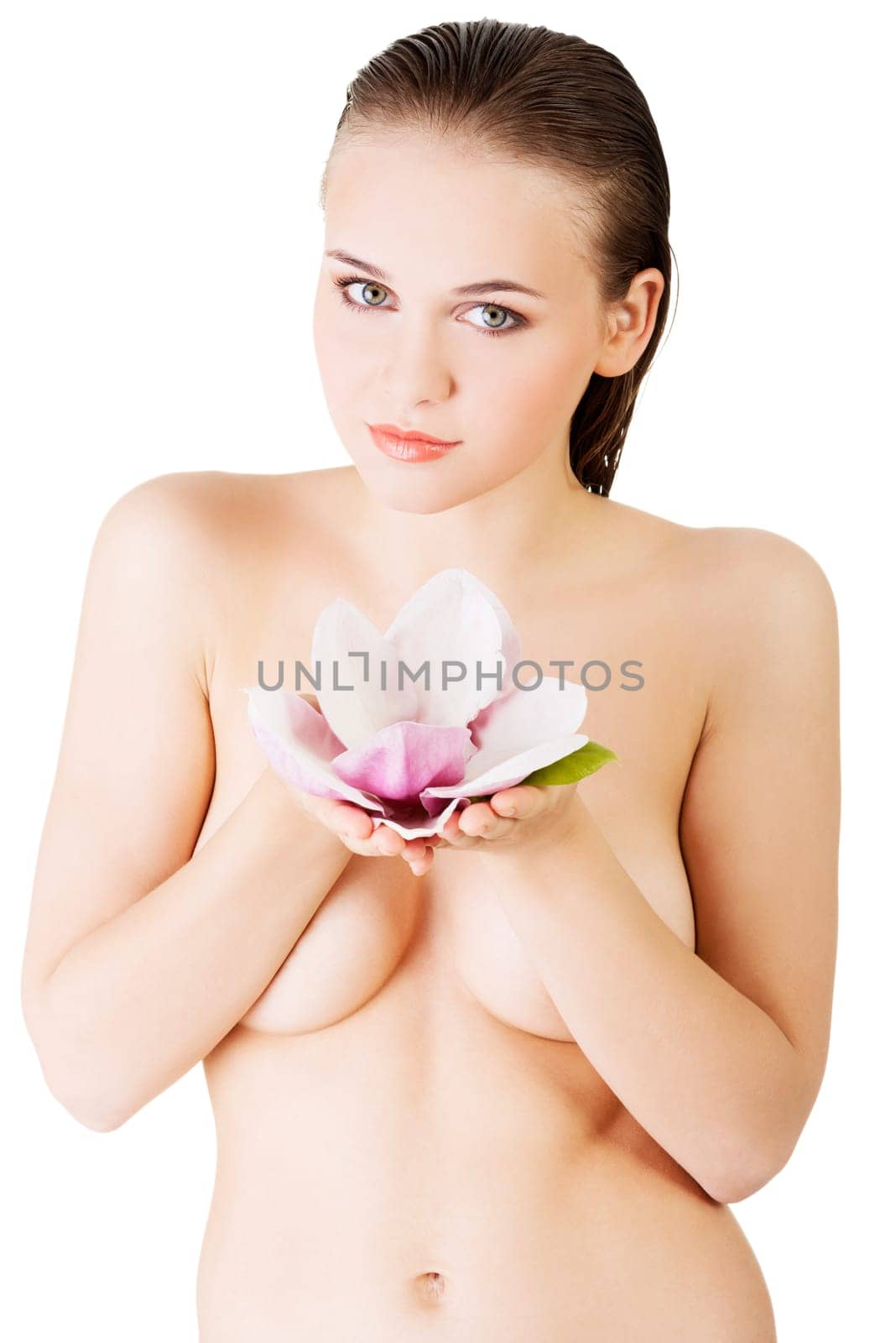 beauty face of the young beautiful woman with flower. girl on white background