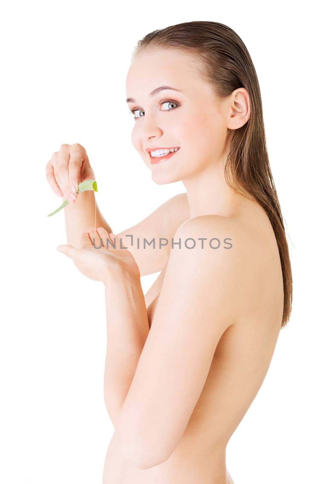 Woman with aloe vera,isolated on background