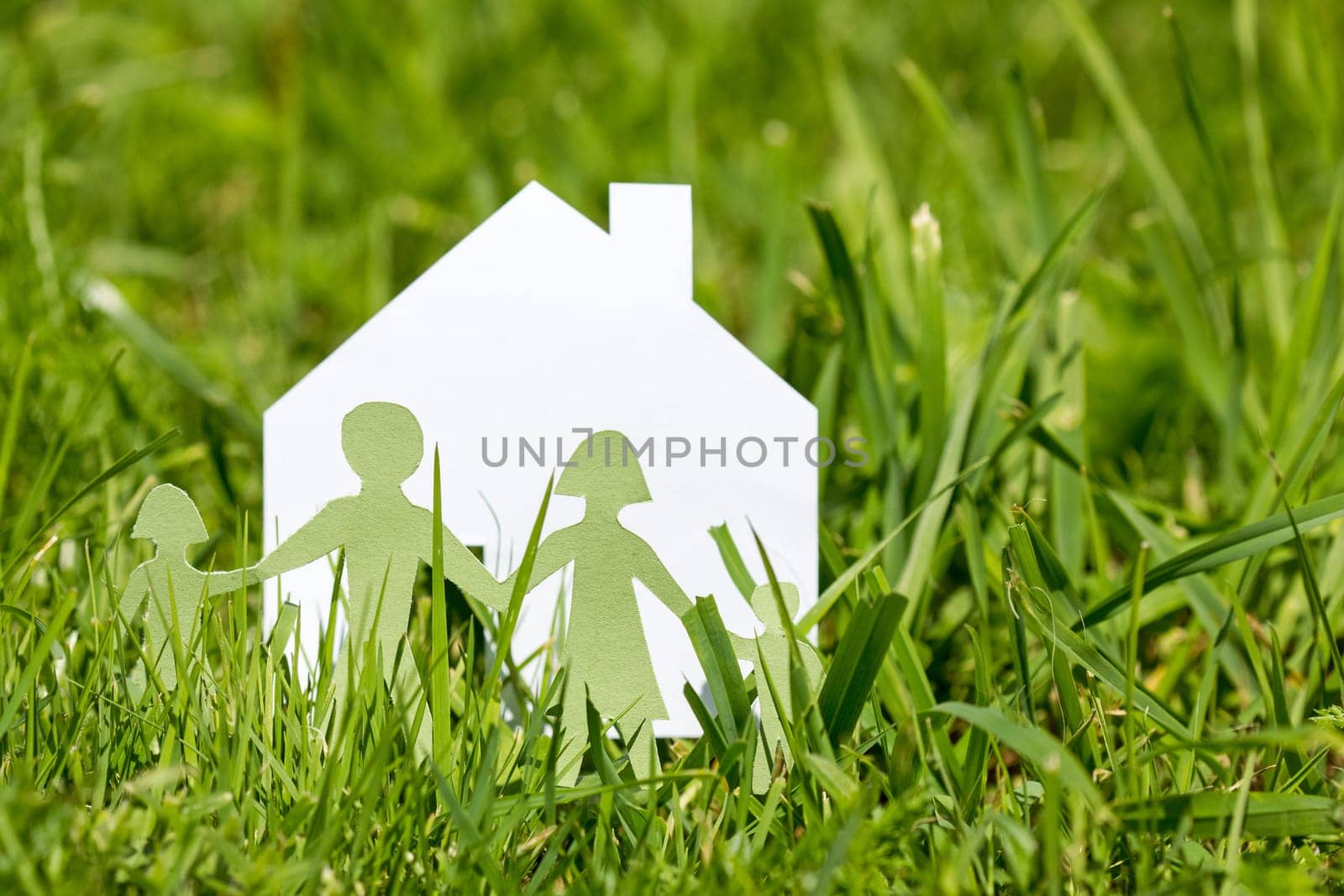 Paper cut of family with house  in a  green grass