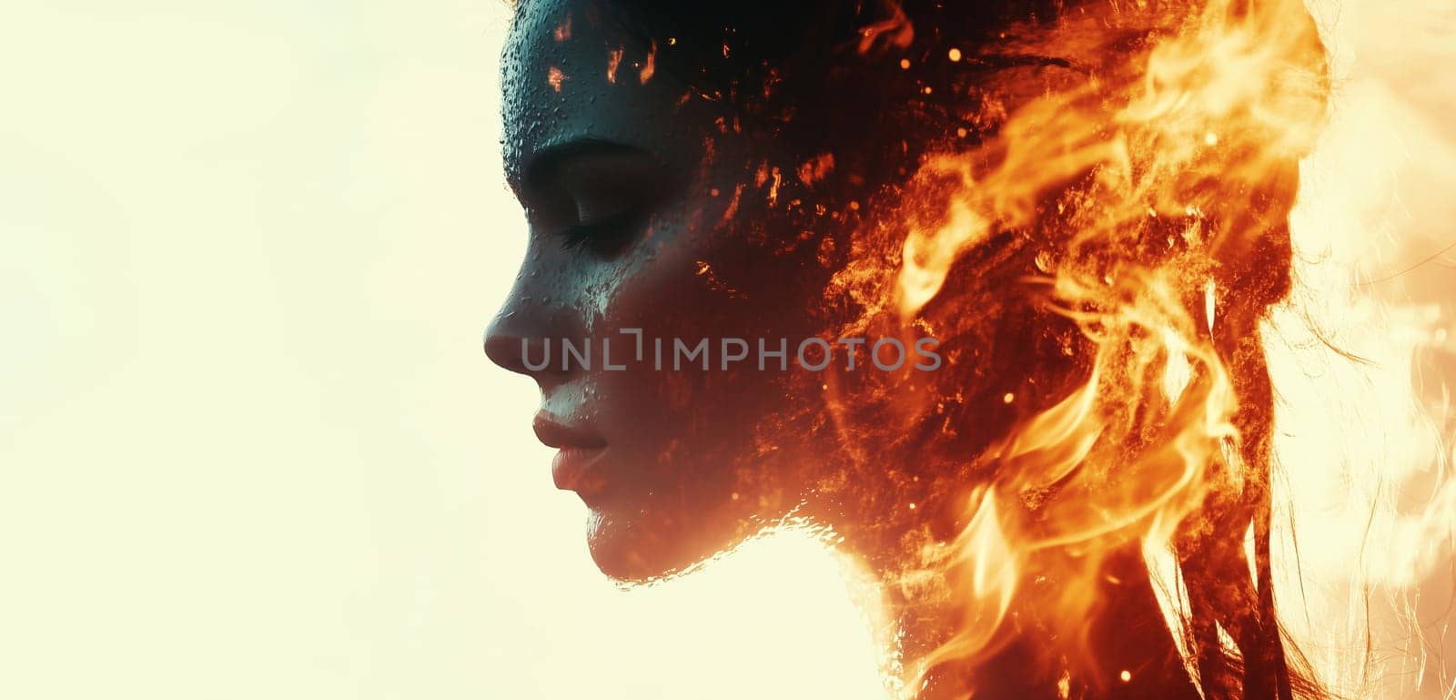 Double exposure portrait profile of fire water woman, nature, element concept