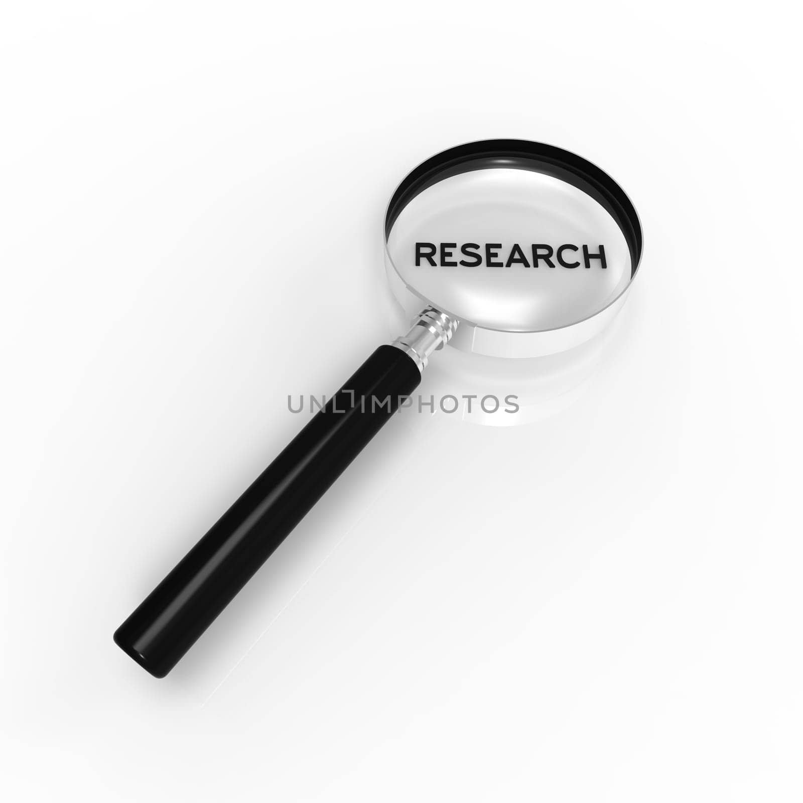 Magnified Research word illustration on white background.