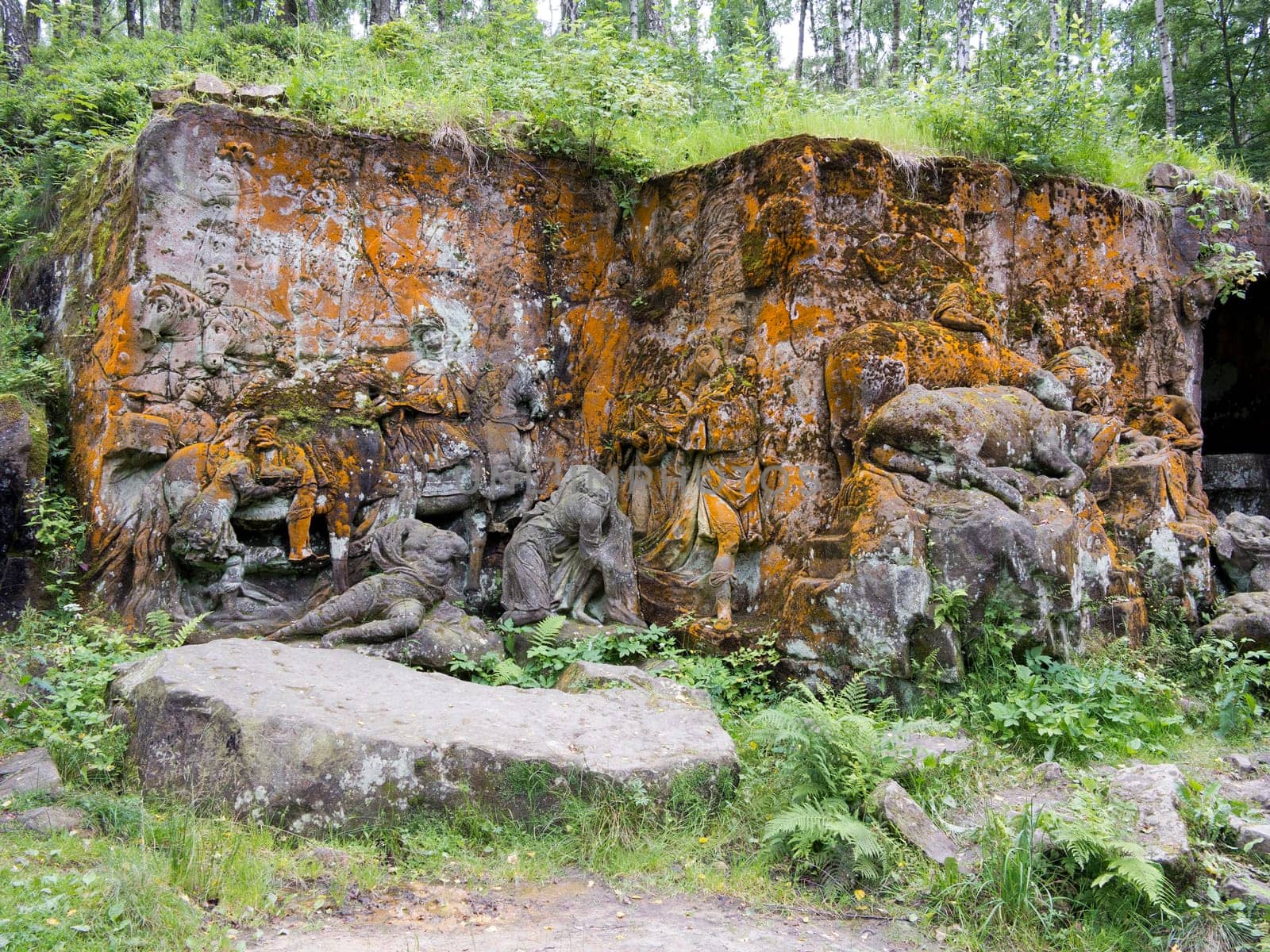 Kuks Forest Sculptures - Adoration of the Magi - detail of the Baroque relief by Matthias Bernard Braun in the Bethlehem of Braun, Kuks, Czech Republic. The Bethlehem of Braun (Czech: Braunuv Betlem) is a complex of Baroque statues and relieves carved by famous sculptor Matthias Bernard Braun directly in sandstone rocks in the forest near complex Kuks Hospital in Northern Bohemia, Czech Republic. Part of the sculptures in the New Forest is ranked the best works of Czech Baroque sculpture. Since 2002, the area is protected as a National Historic Landmark and were listed in the 2000 World Monuments Watch by the World Monuments Fund.