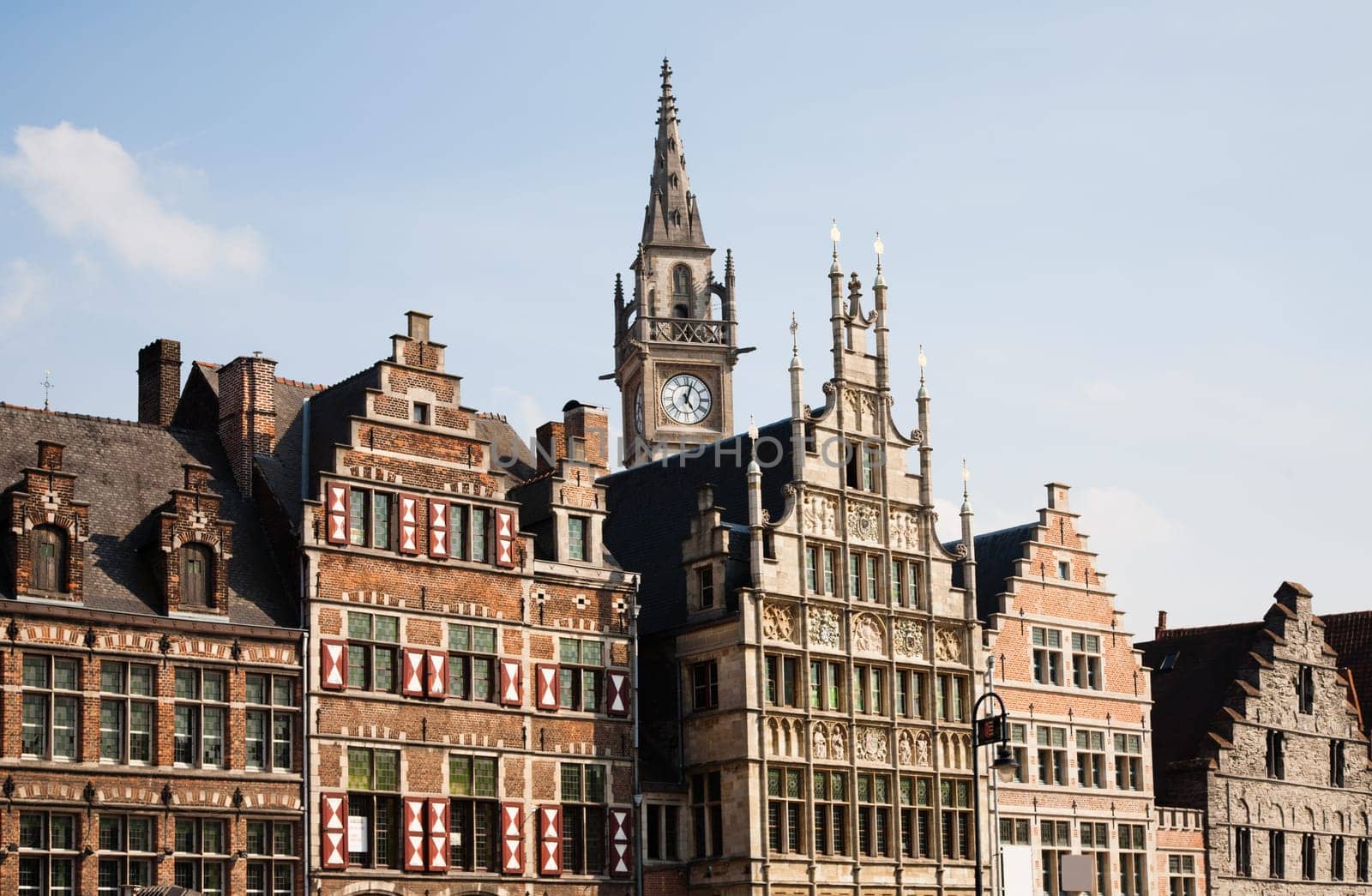 Facade of houses along the Graslei in Ghent, Belgium.