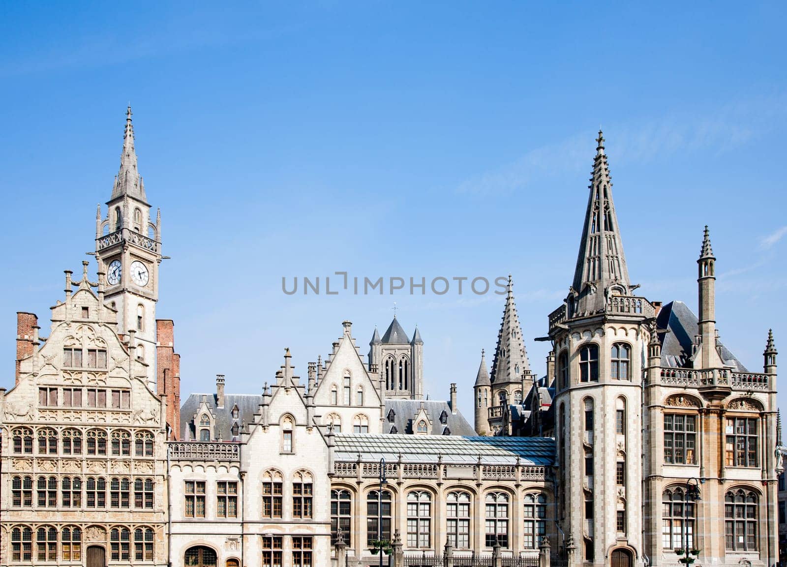 Facade of houses along the Graslei in Ghent, Belgium.