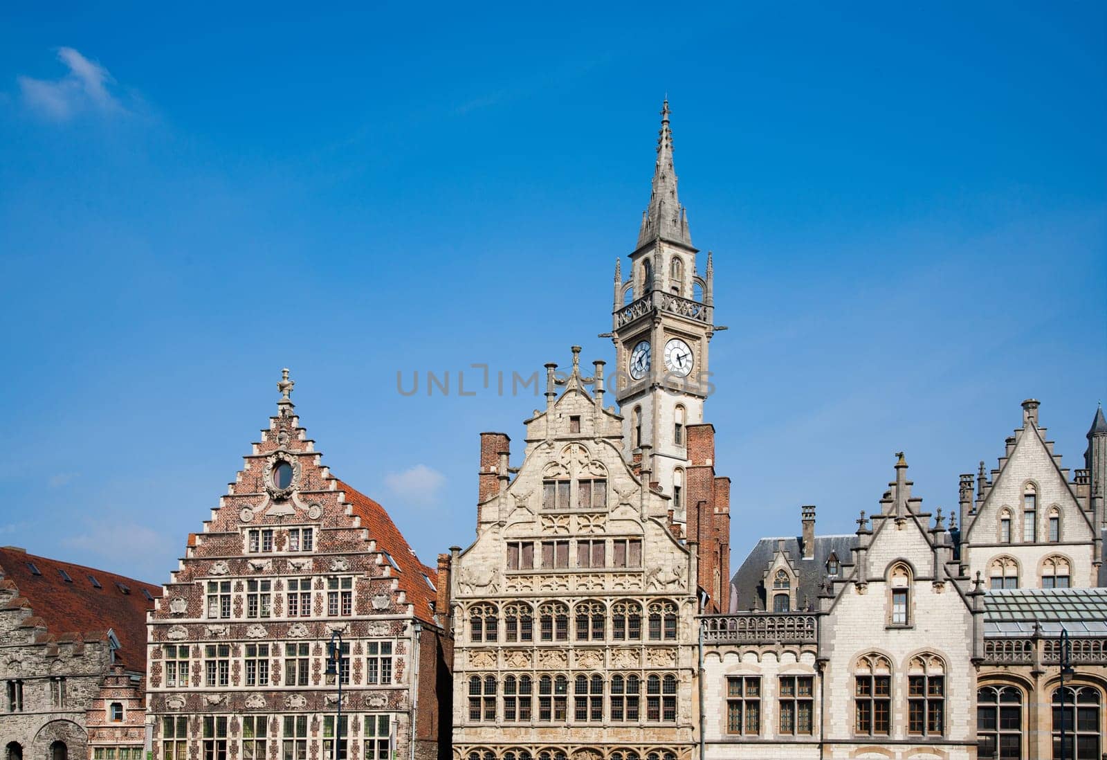 Facade of houses along the Graslei in Ghent, Belgium.