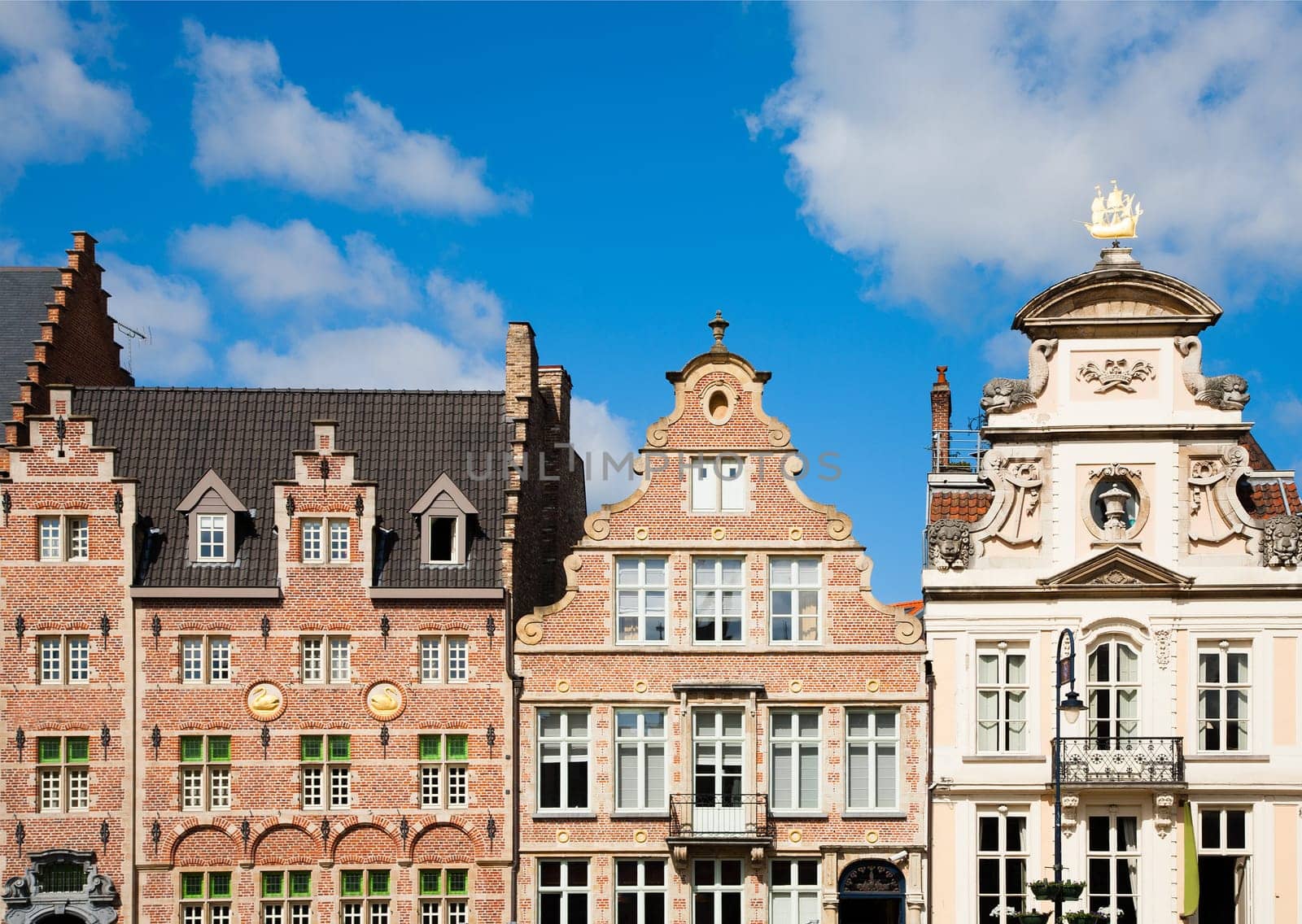 Facade of houses along the Graslei in Ghent, Belgium.