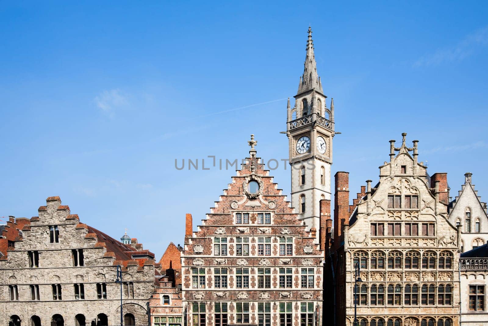 Facade of houses along the Graslei in Ghent, Belgium.