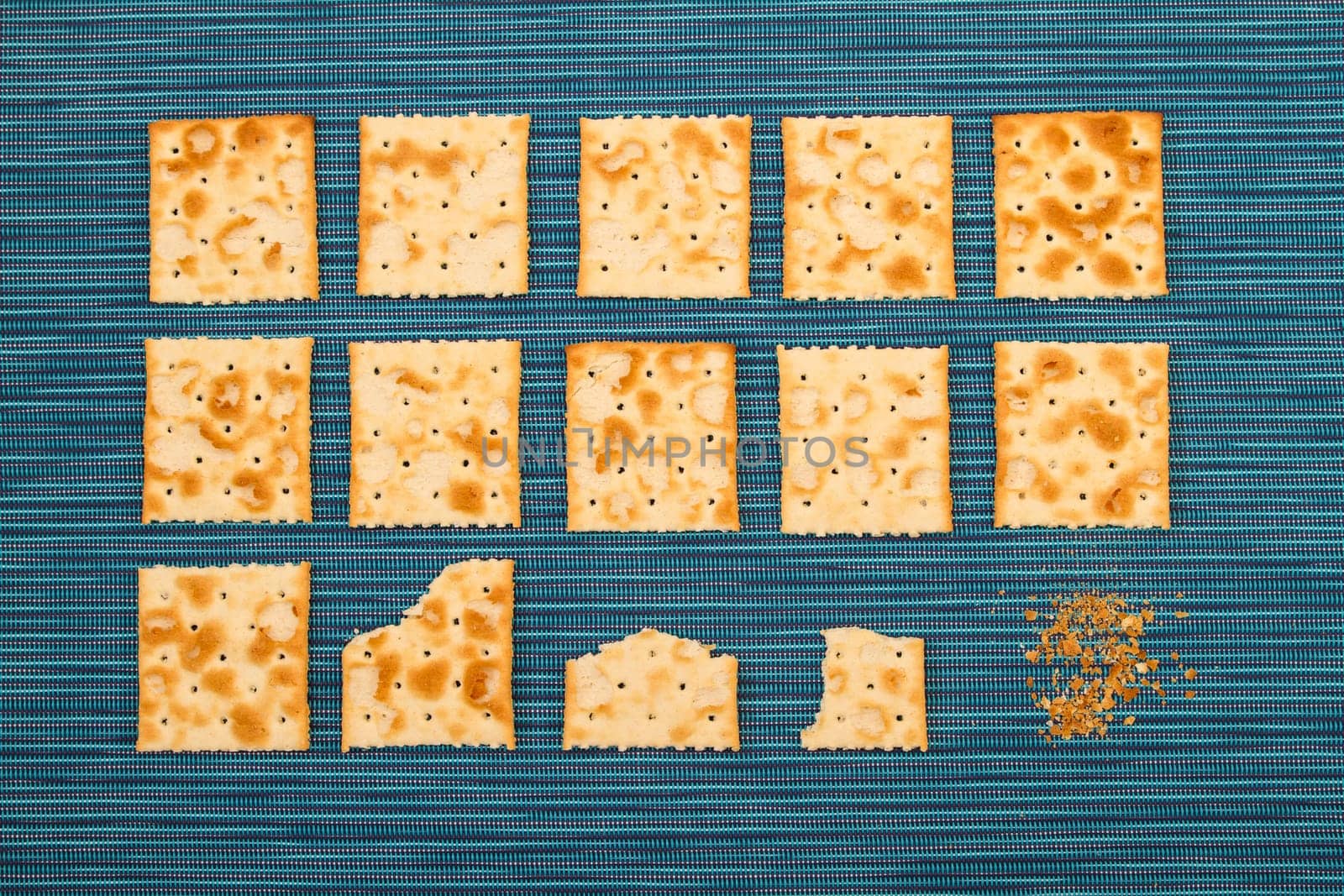 Lots of salted crackers and ones bitten, background.