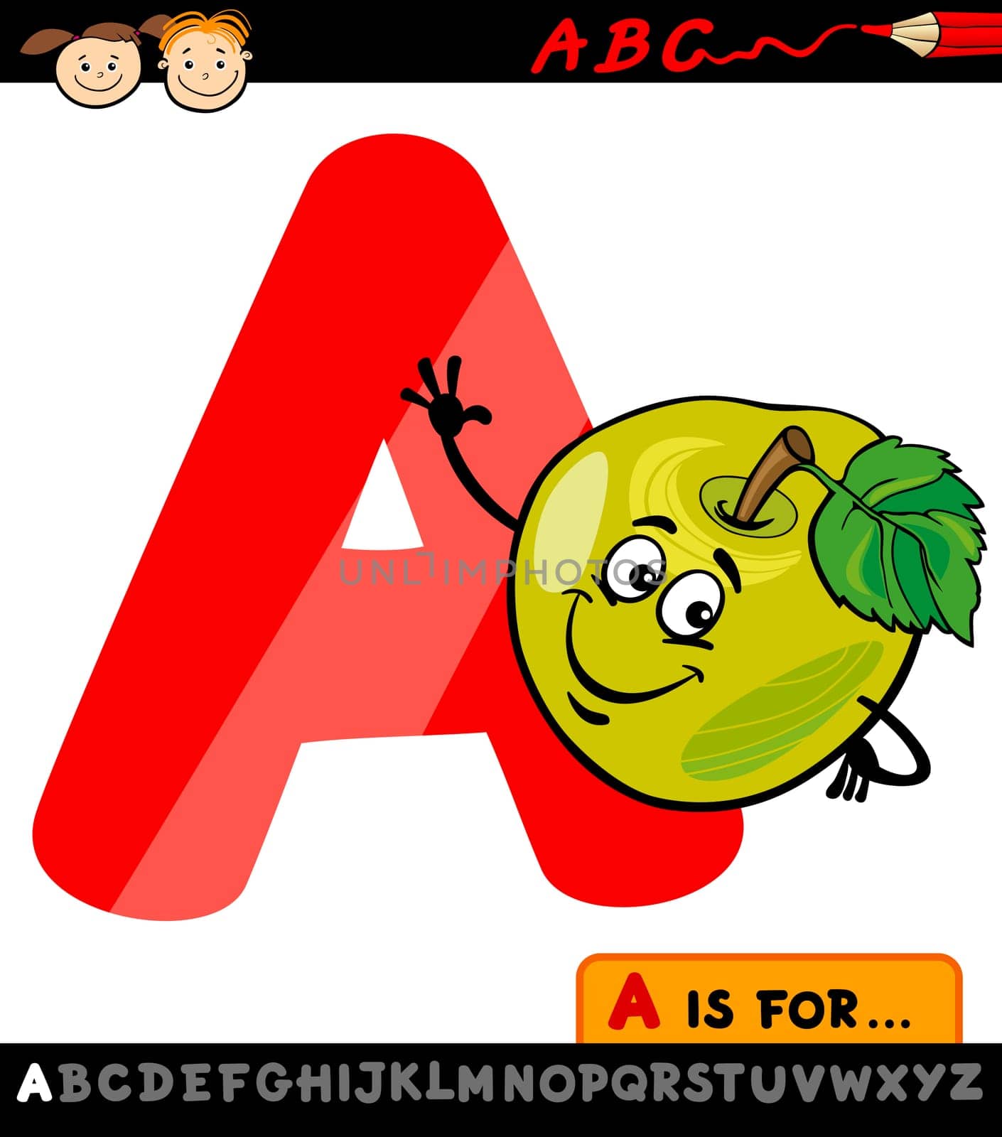 Cartoon Illustration of Capital Letter A from Alphabet with Apple Fruit for Children Education