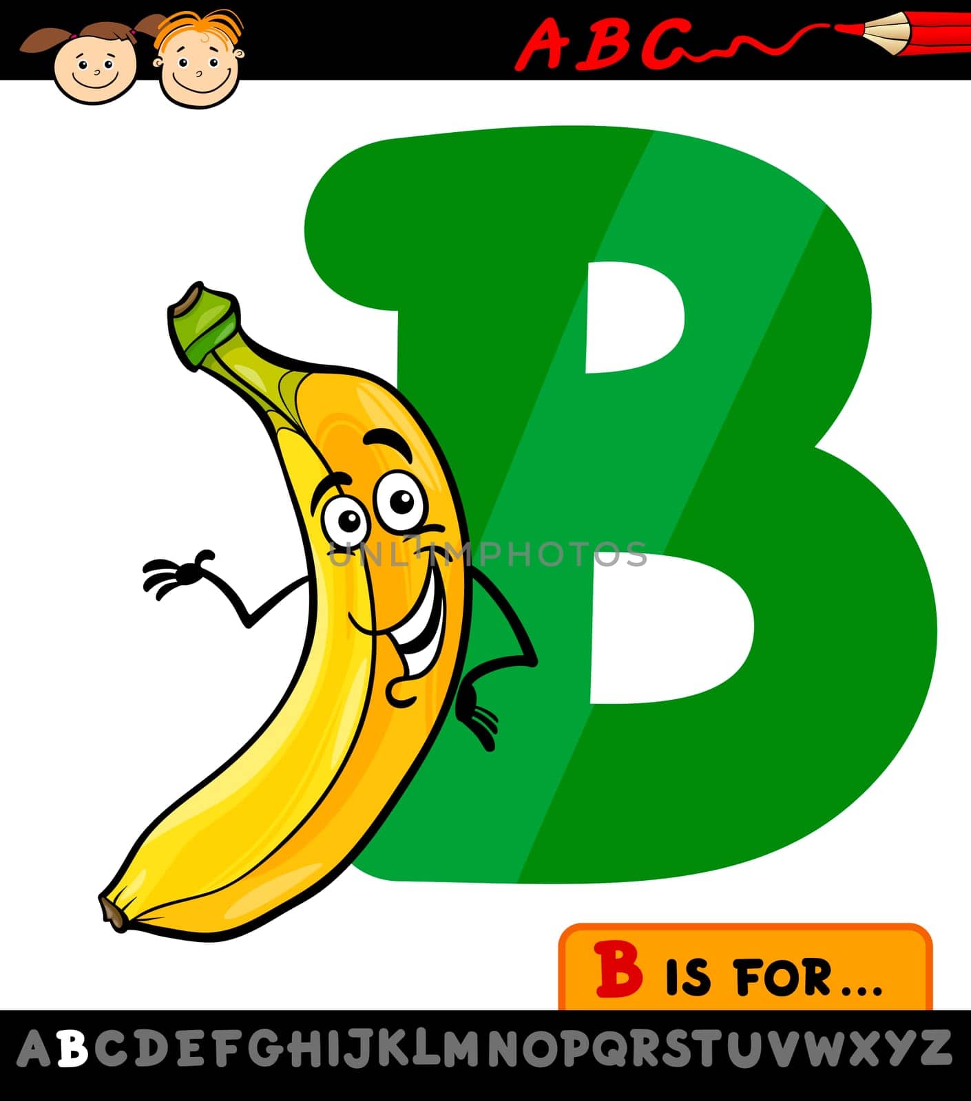 Cartoon Illustration of Capital Letter B from Alphabet with Banana Fruit for Children Education