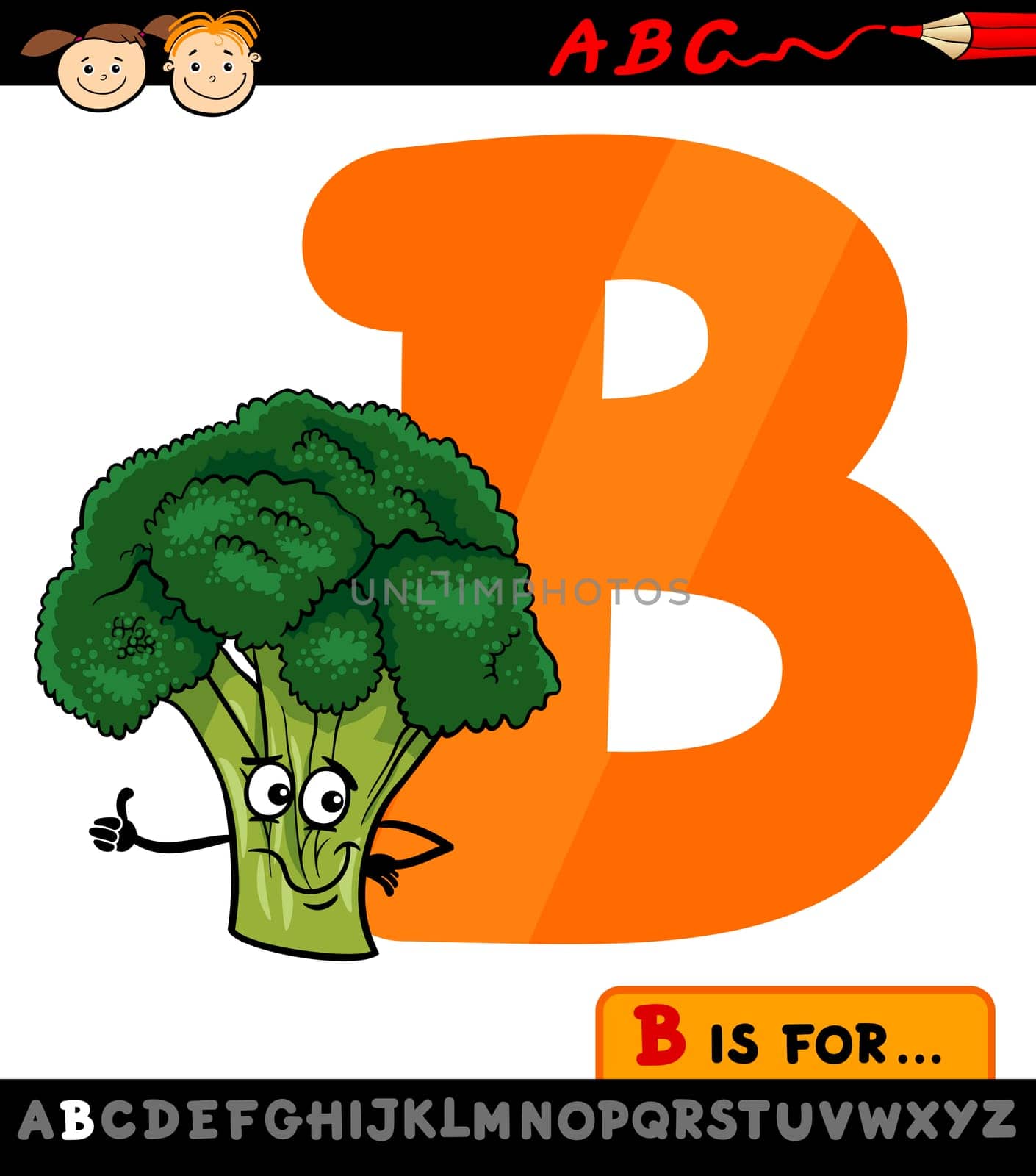 Cartoon Illustration of Capital Letter B from Alphabet with Broccoli Vegetable for Children Education