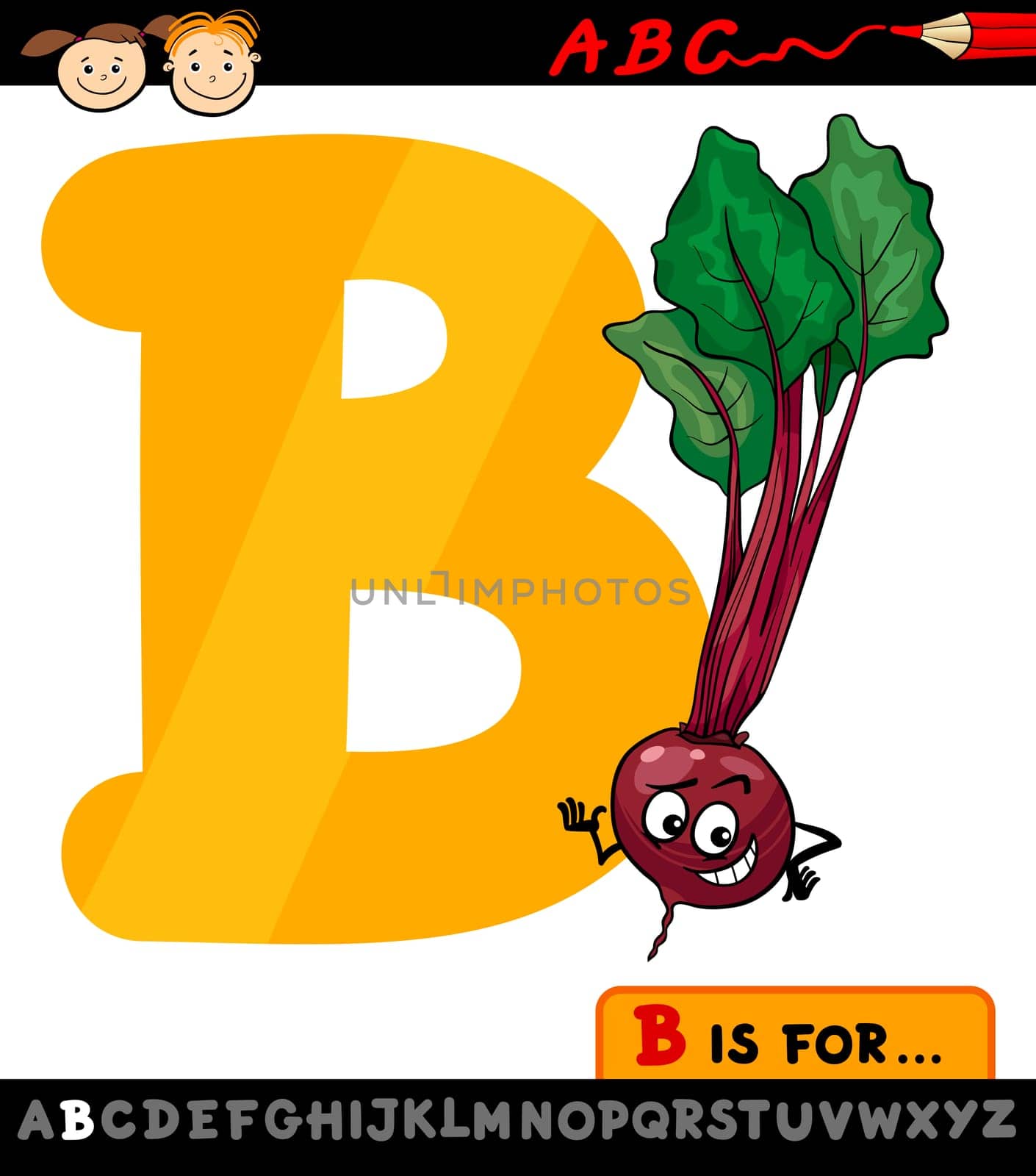 Cartoon Illustration of Capital Letter B from Alphabet with Beet Vegetable for Children Education