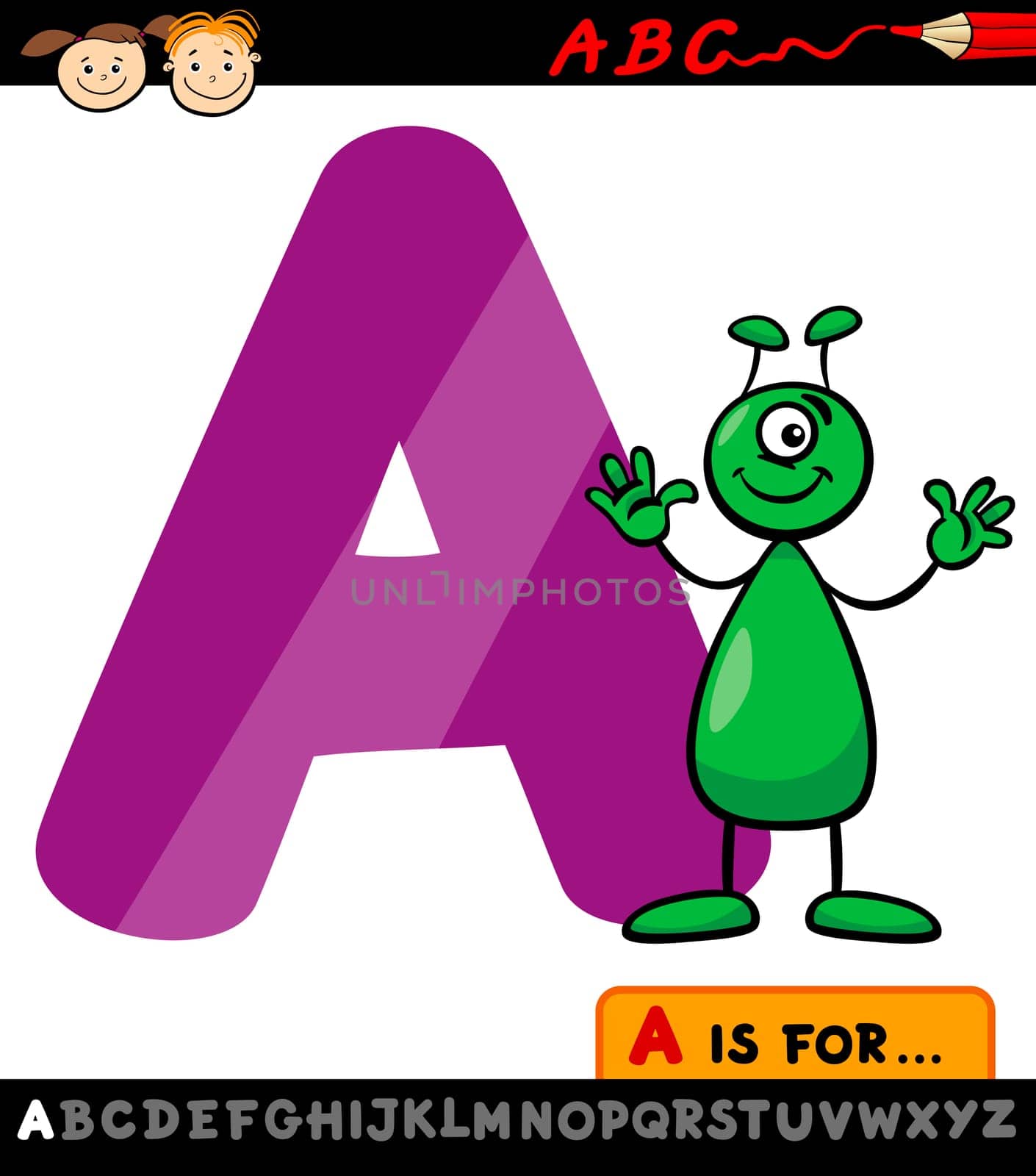 Cartoon Illustration of Capital Letter A from Alphabet with Alien for Children Education