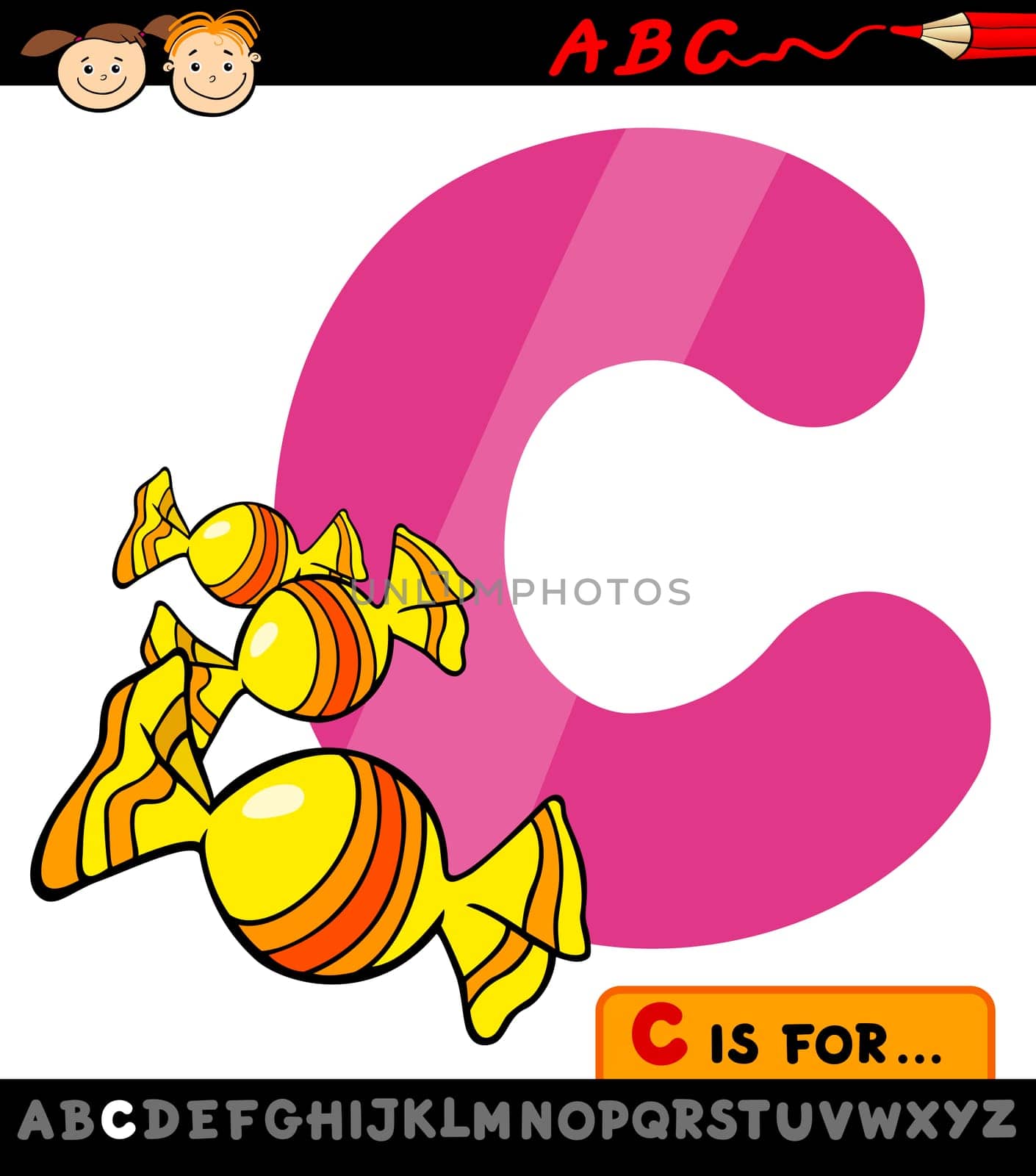 Cartoon Illustration of Capital Letter C from Alphabet with Candy for Children Education