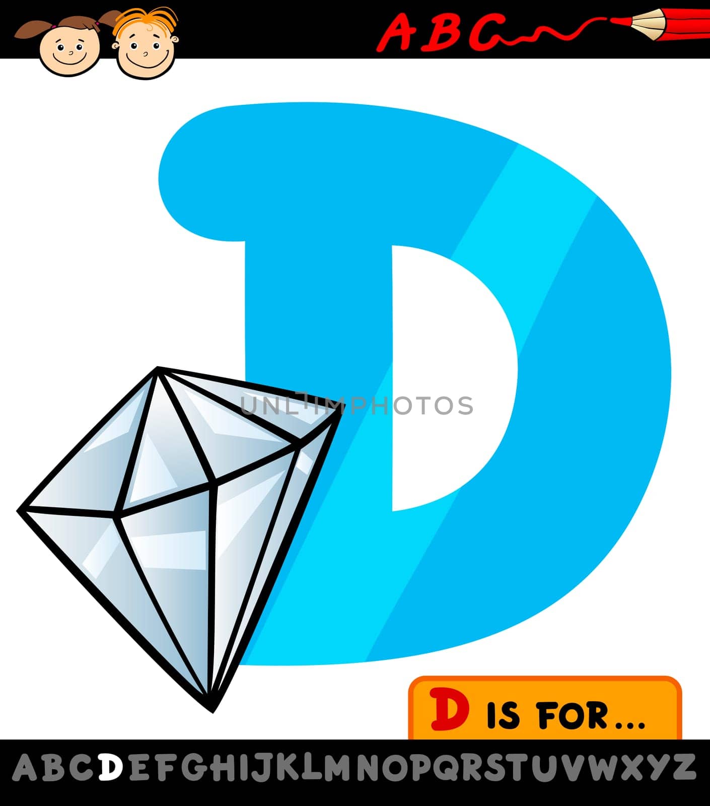 Cartoon Illustration of Capital Letter D from Alphabet with Diamond for Children Education