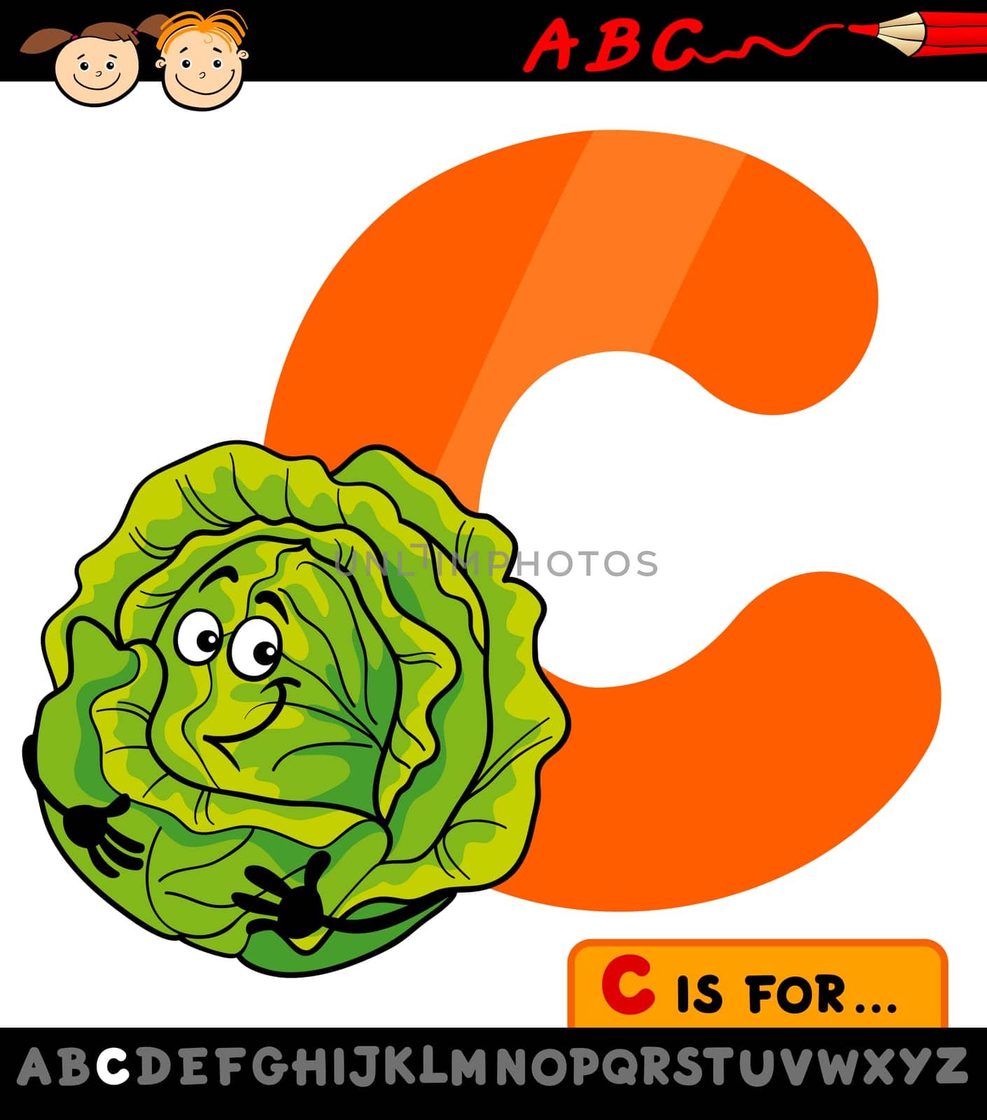 Cartoon Illustration of Capital Letter C from Alphabet with Cabbage for Children Education