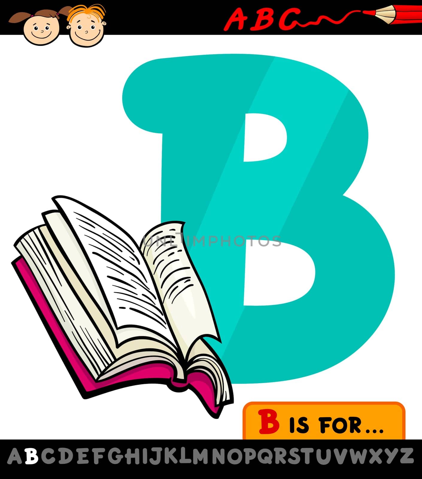 Cartoon Illustration of Capital Letter B from Alphabet with Book for Children Education