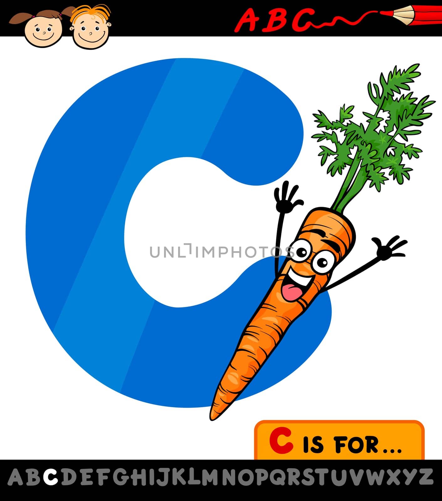 Cartoon Illustration of Capital Letter C from Alphabet with Carrot for Children Education
