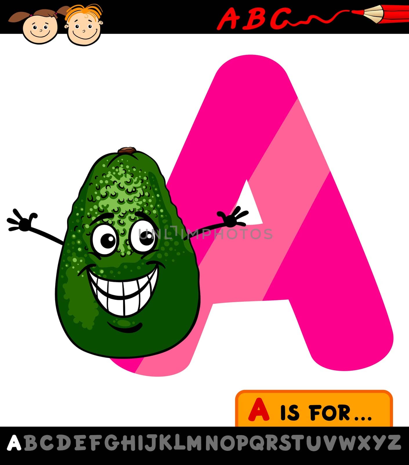 Cartoon Illustration of Capital Letter A from Alphabet with Avocado Fruit for Children Education