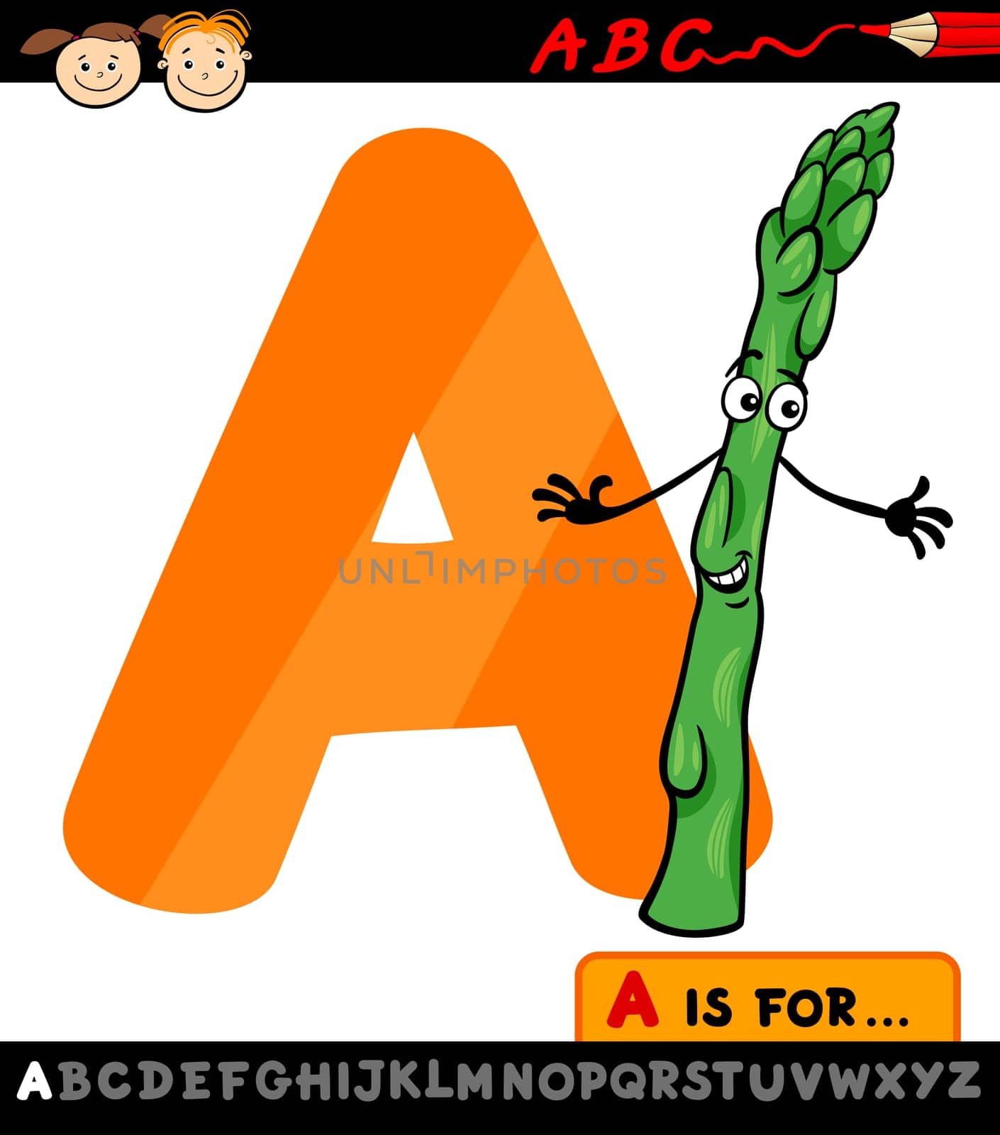 Cartoon Illustration of Capital Letter A from Alphabet with Asparagus Vegetable for Children Education