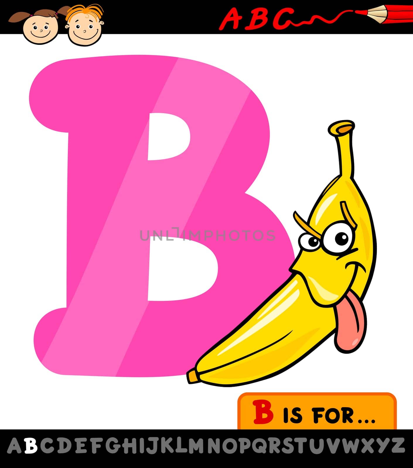 Cartoon Illustration of Capital Letter B from Alphabet with Banana Fruit for Children Education