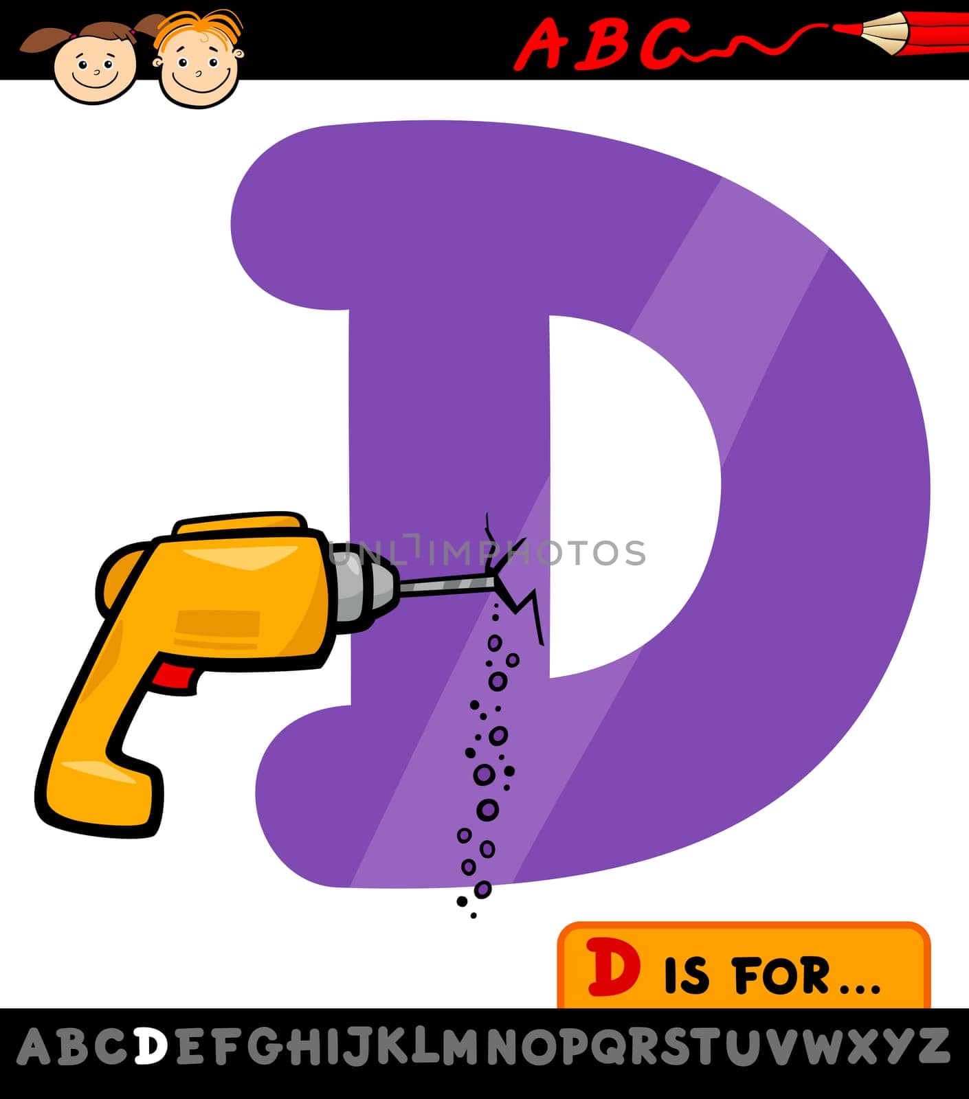 Cartoon Illustration of Capital Letter D from Alphabet with Drill for Children Education