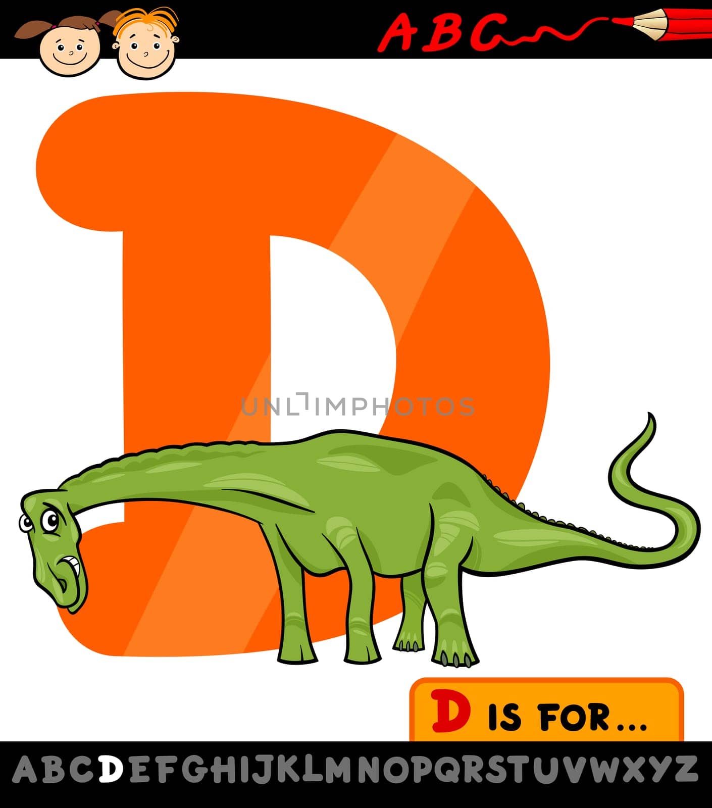 Cartoon Illustration of Capital Letter D from Alphabet with Dinosaur for Children Education