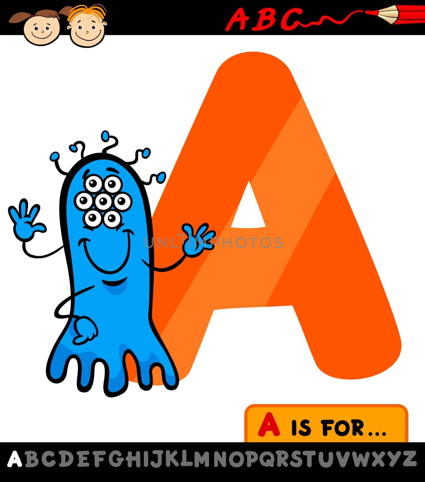 Cartoon Illustration of Capital Letter A from Alphabet with Alien for Children Education