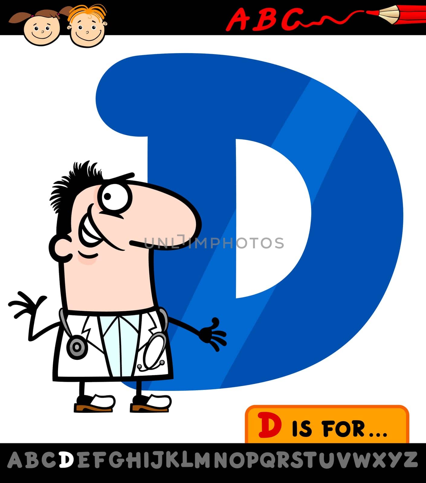 Cartoon Illustration of Capital Letter D from Alphabet with Doctor for Children Education