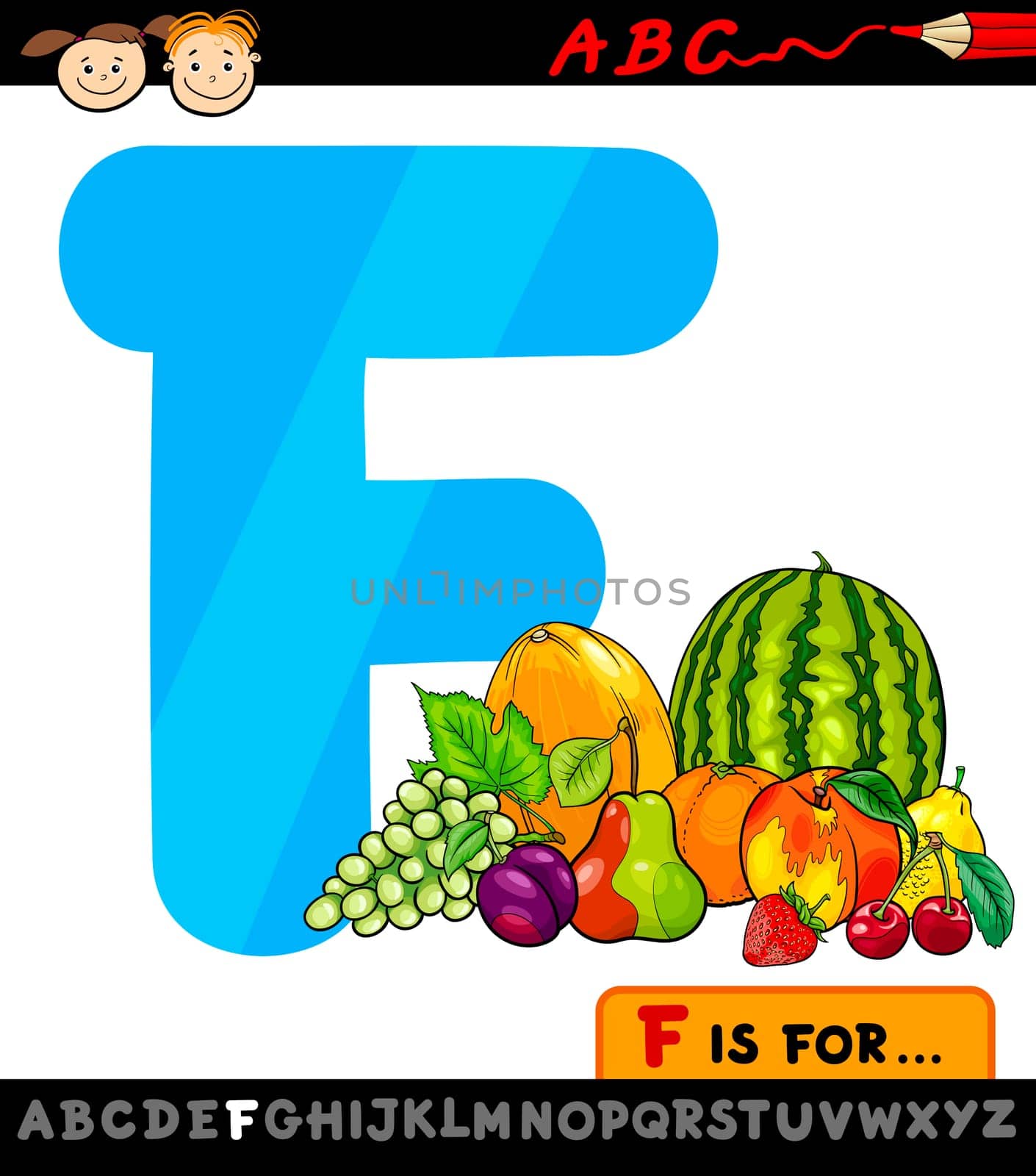Cartoon Illustration of Capital Letter F from Alphabet with Fruits for Children Education