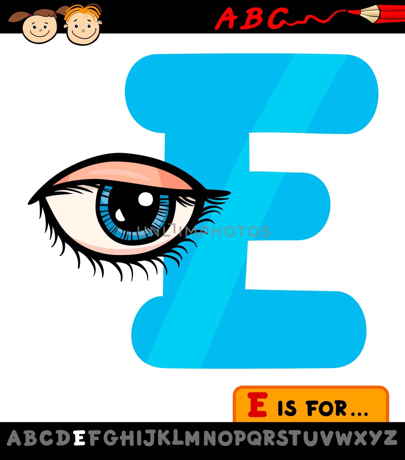 Cartoon Illustration of Capital Letter E from Alphabet with Eye for Children Education
