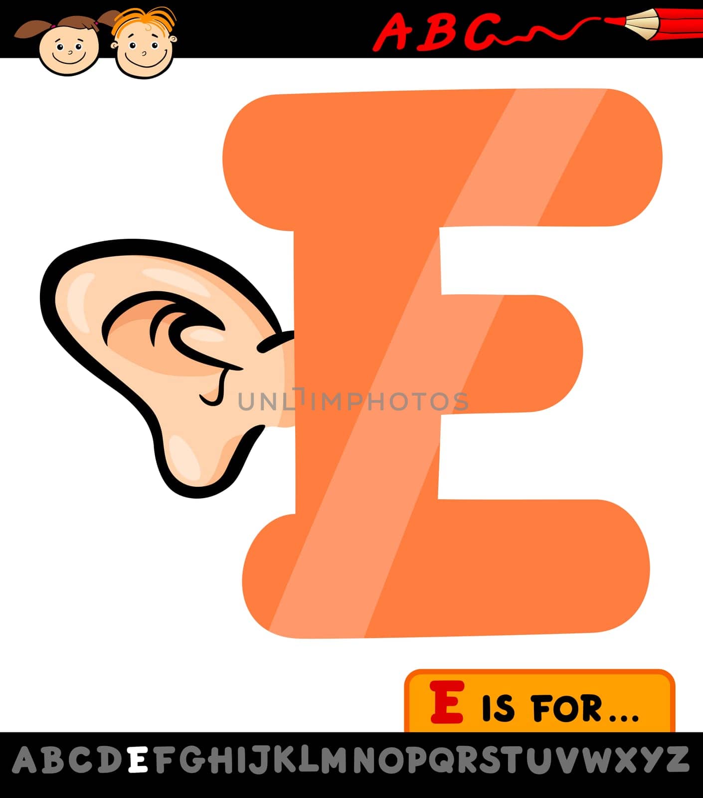 Cartoon Illustration of Capital Letter E from Alphabet with Ear for Children Education