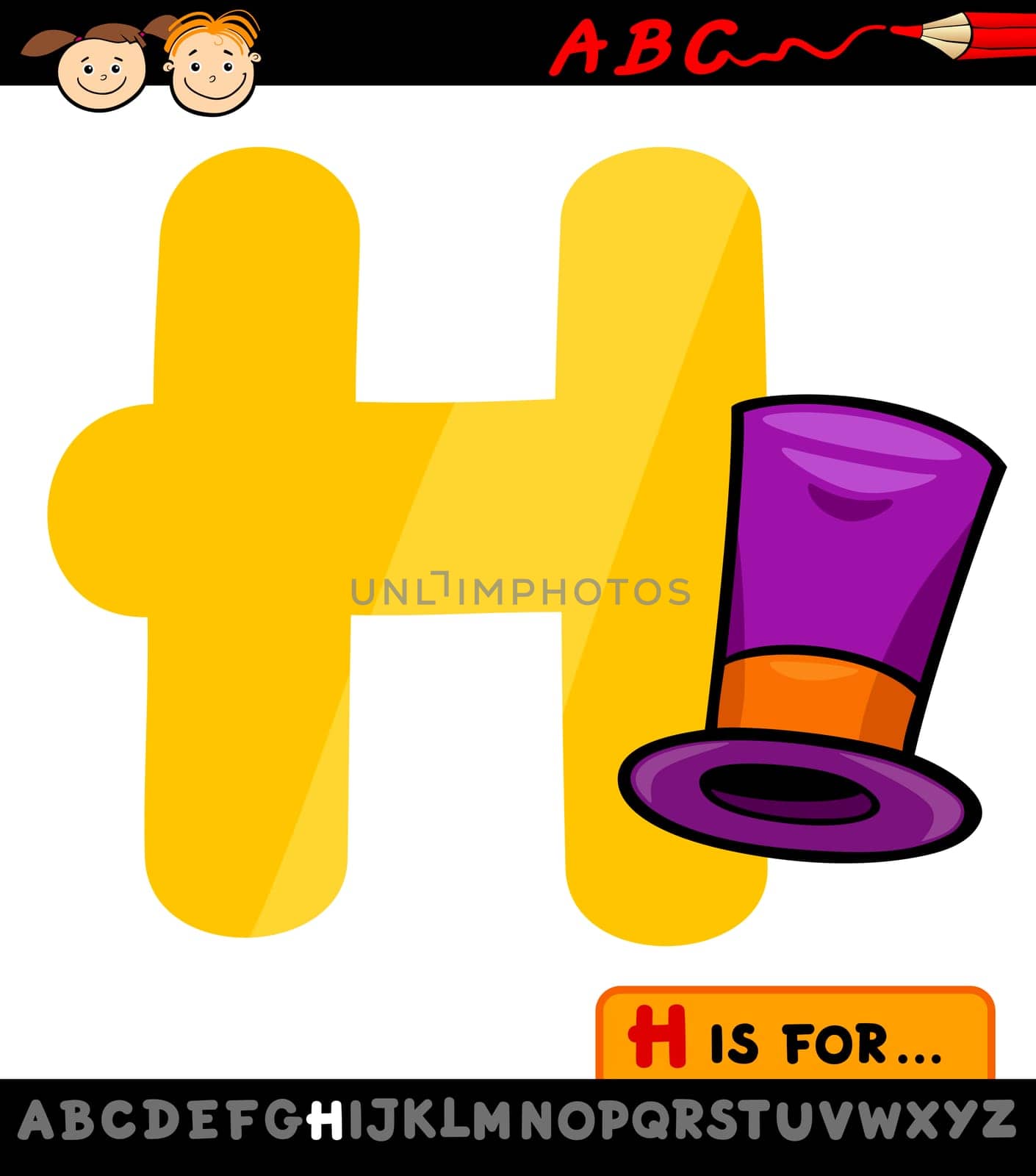 Cartoon Illustration of Capital Letter H from Alphabet with Hat for Children Education