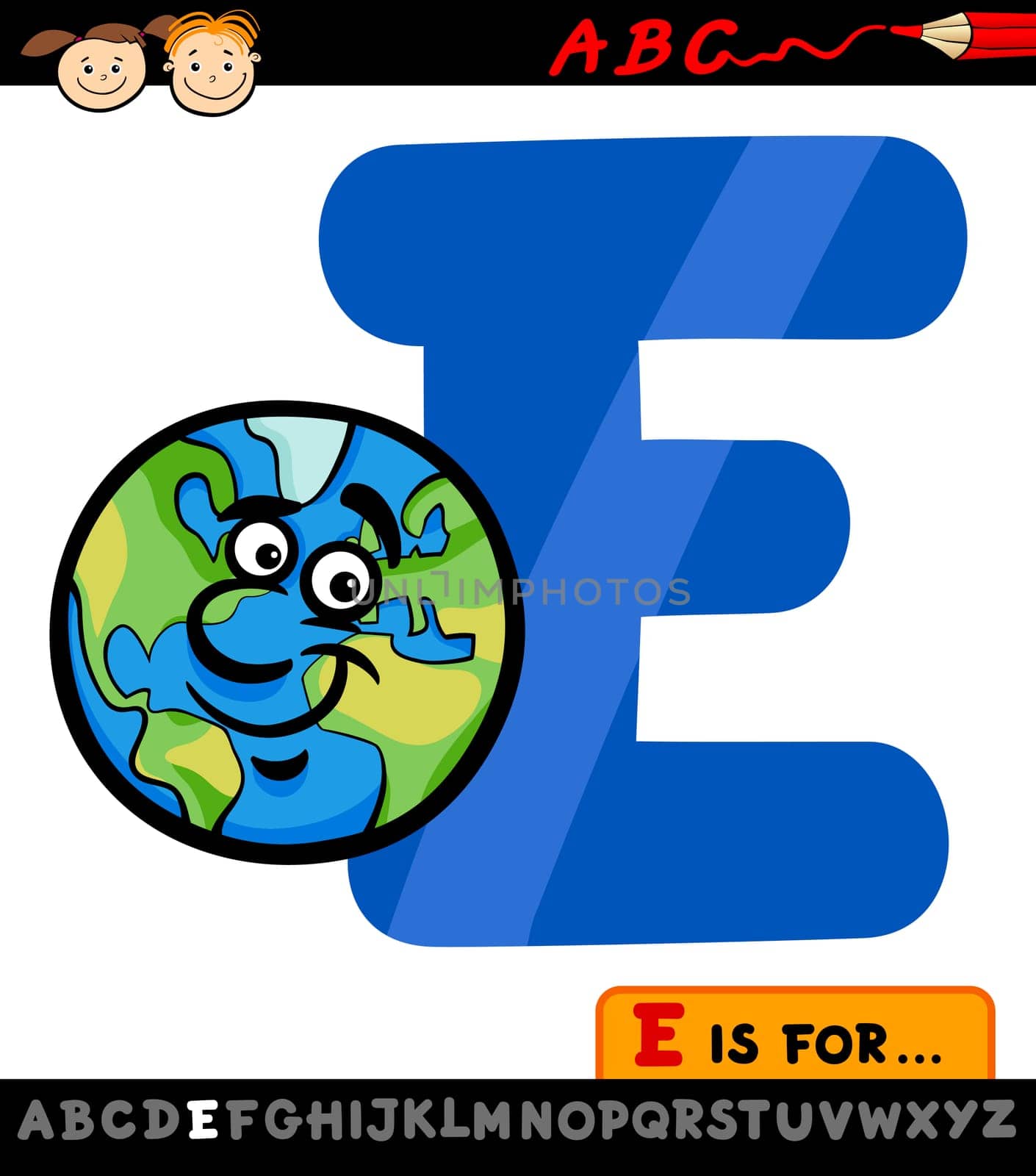 Cartoon Illustration of Capital Letter E from Alphabet with Earth for Children Education