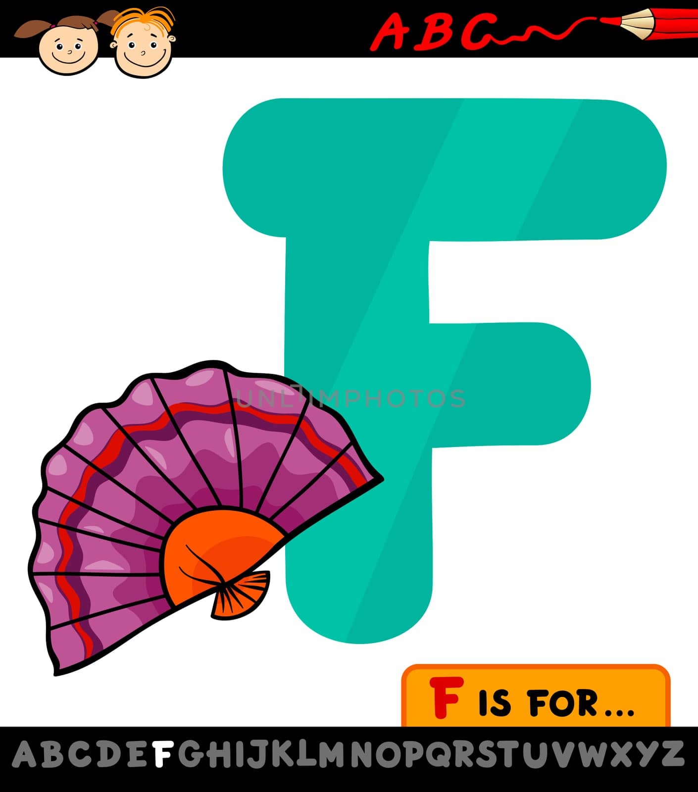 Cartoon Illustration of Capital Letter F from Alphabet with Fan for Children Education