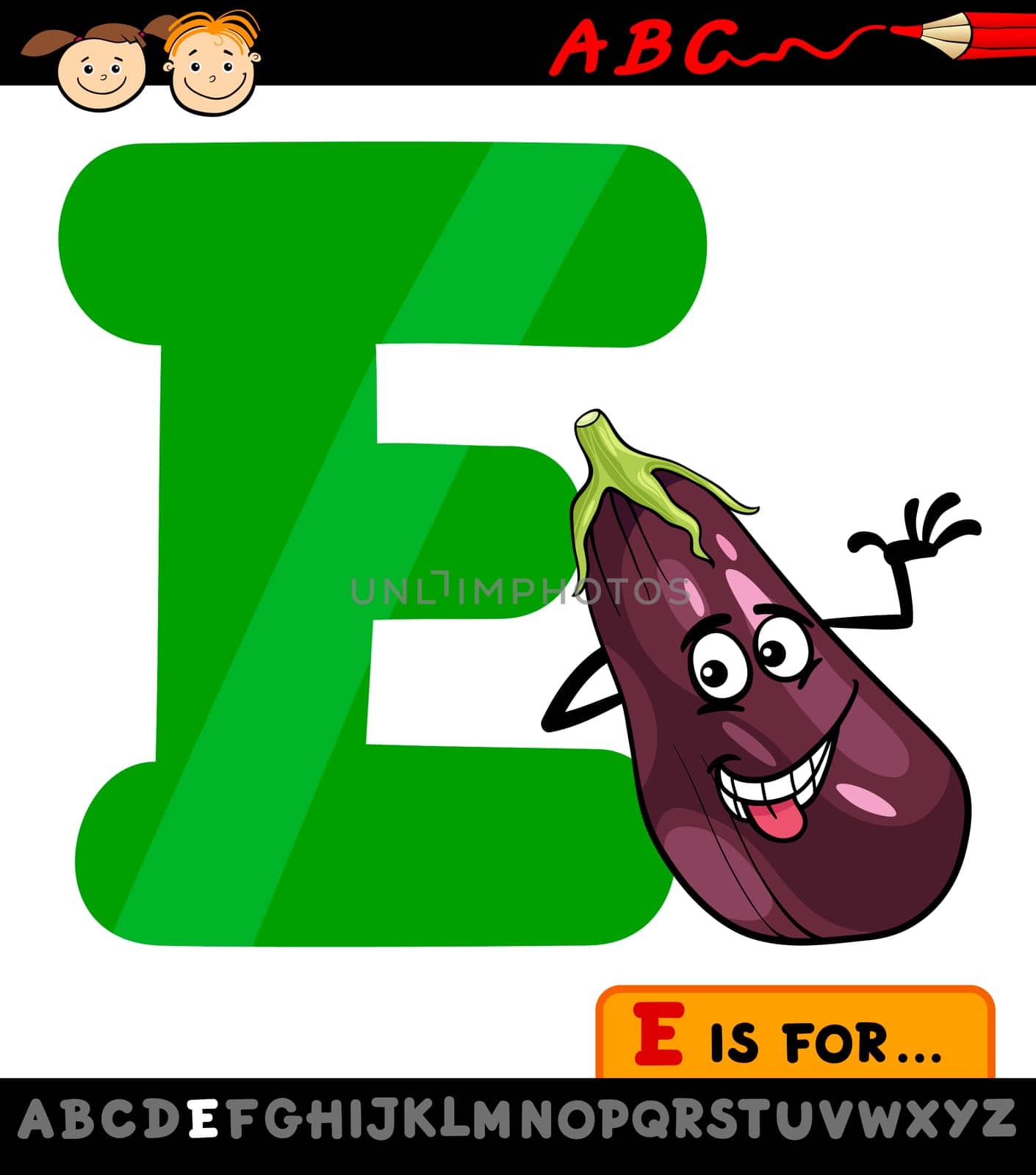 Cartoon Illustration of Capital Letter E from Alphabet with Eggplant for Children Education