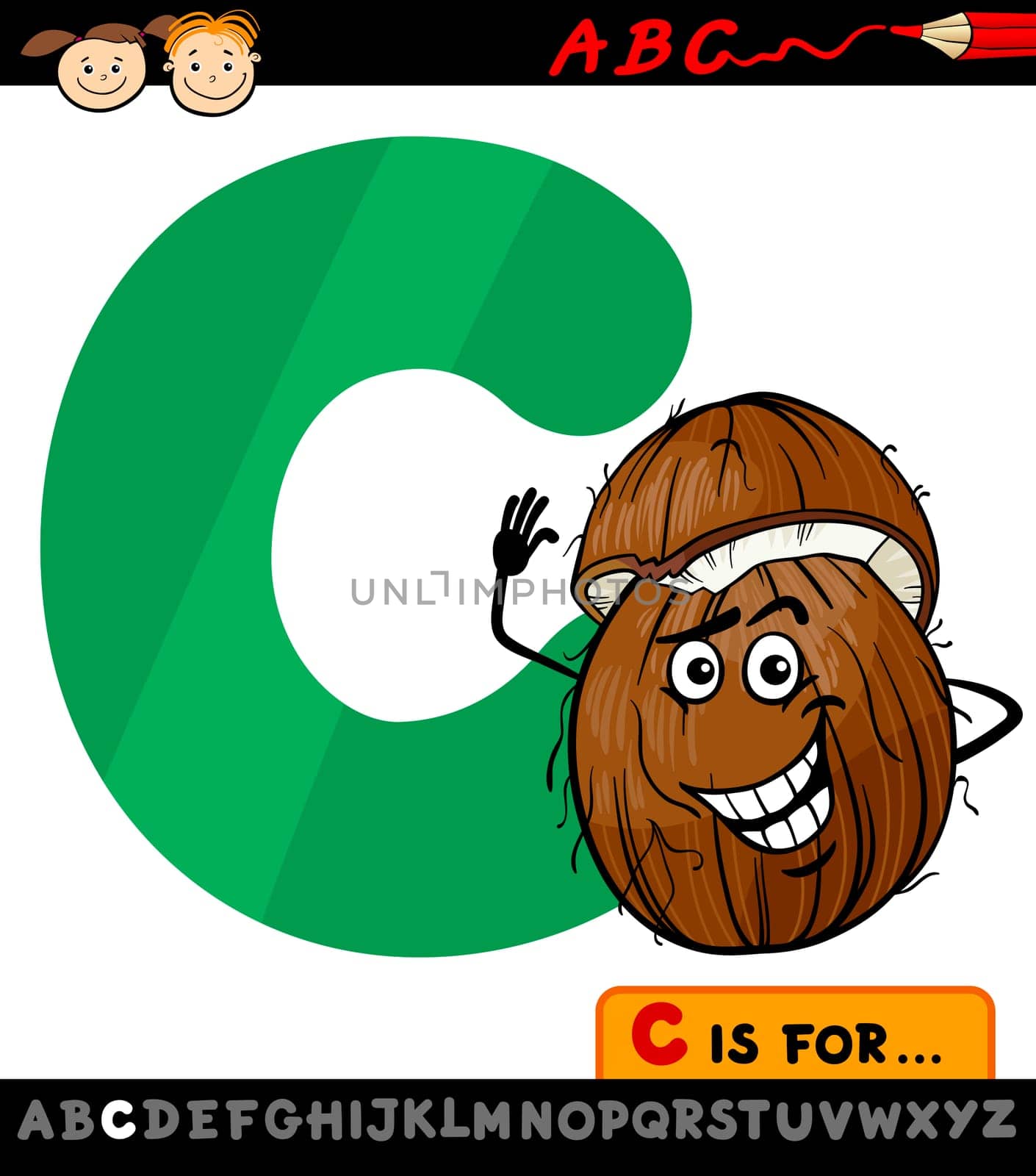 Cartoon Illustration of Capital Letter C from Alphabet with Coconut for Children Education