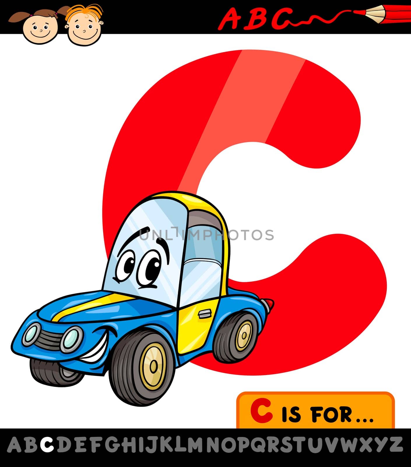 Cartoon Illustration of Capital Letter C from Alphabet with Car for Children Education
