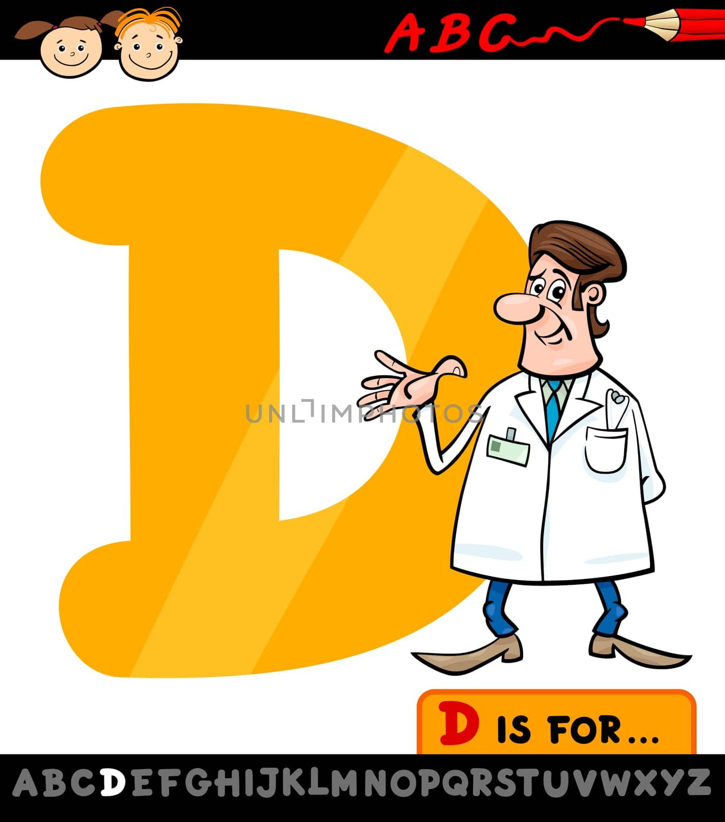Cartoon Illustration of Capital Letter D from Alphabet with Doctor for Children Education