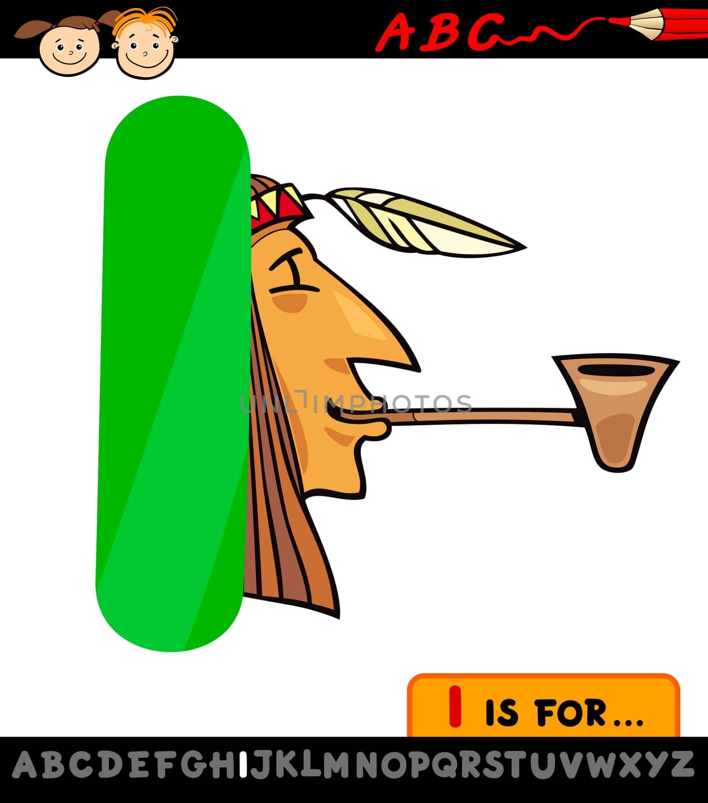 Cartoon Illustration of Capital Letter I from Alphabet with Indian for Children Education